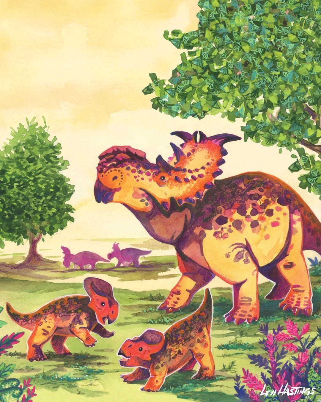 May is for the matriarchs. This Pachyrhinosaurus mother stands guard while her rambunctious youngsters play in a spring meadow. The first edition of the is piece was an original painting commission for a client with a personal connection: As a young 