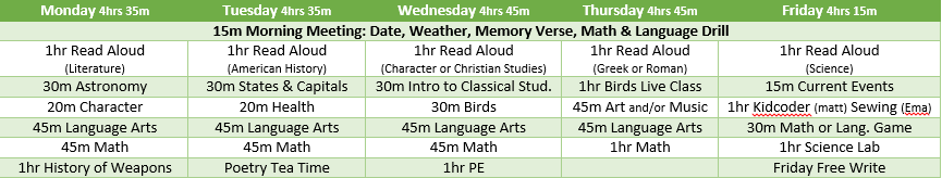 My loose schedule, with max times to spend on each subject, I shared on my curriculum post for the year. It has changed some since I wrote it already, but we surely won't be following it this coming week!