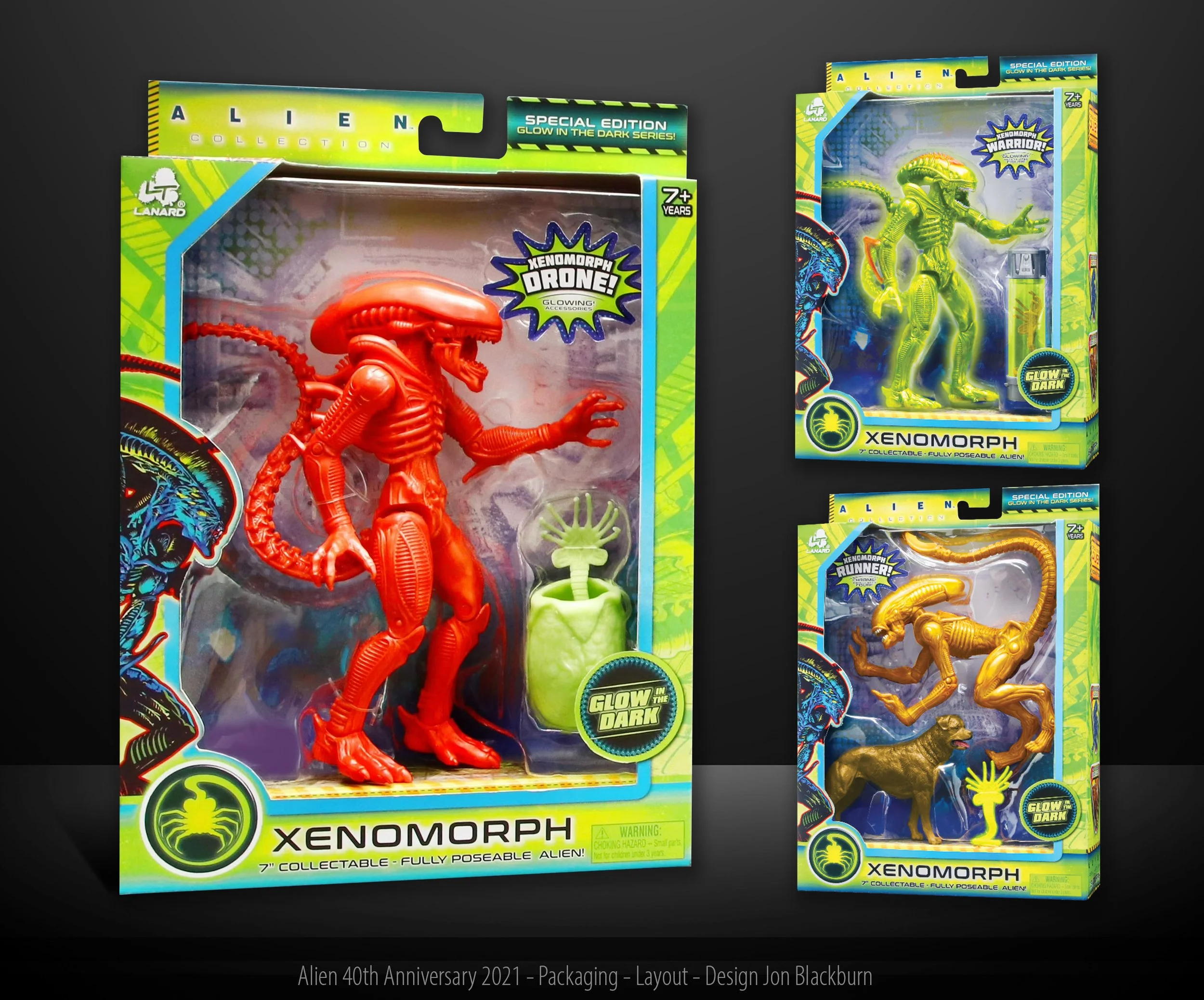 Three toy alien figures in colorful packaging, glowing in the dark. The largest red alien is in the center, and two smaller aliens, green and gold, are on the right. All are encased in display boxes with vibrant, sci-fi themed artwork.