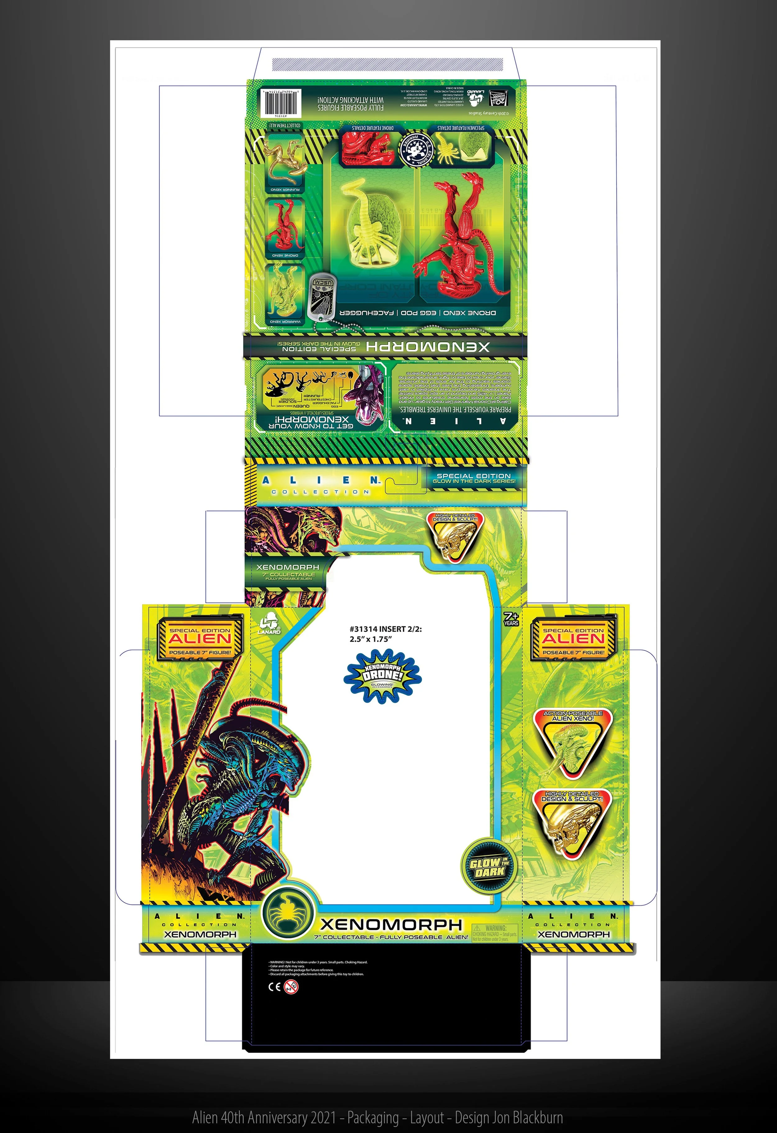 A flattened packaging layout for a set of Alien Xenomorph collectible toys, including boxes, inserts, and character images.