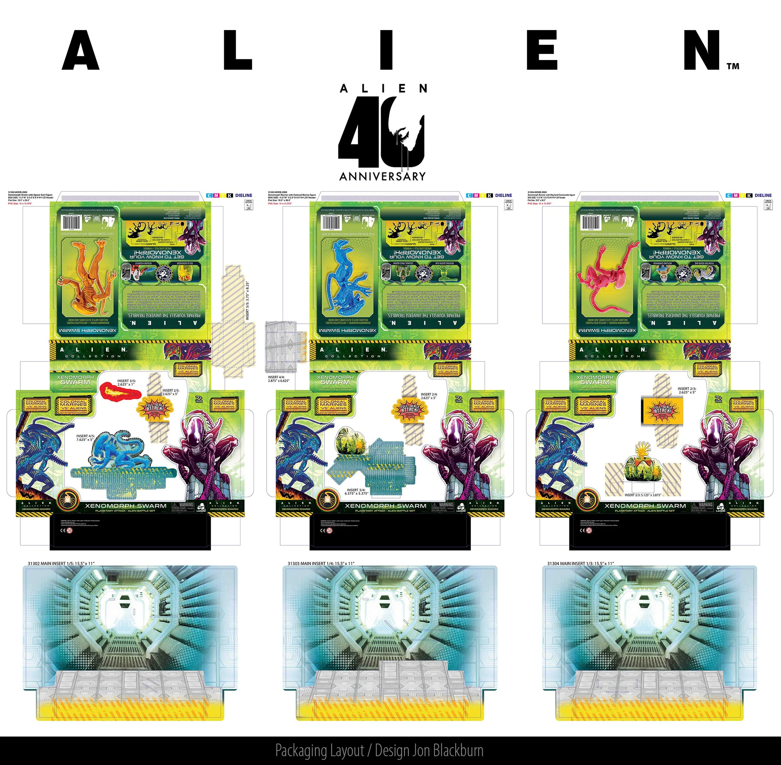 Diagram of the packaging layout for the Alien Swarm toy set celebrating the 40th anniversary, featuring packaging with images of alien creatures and interior packaging designs.