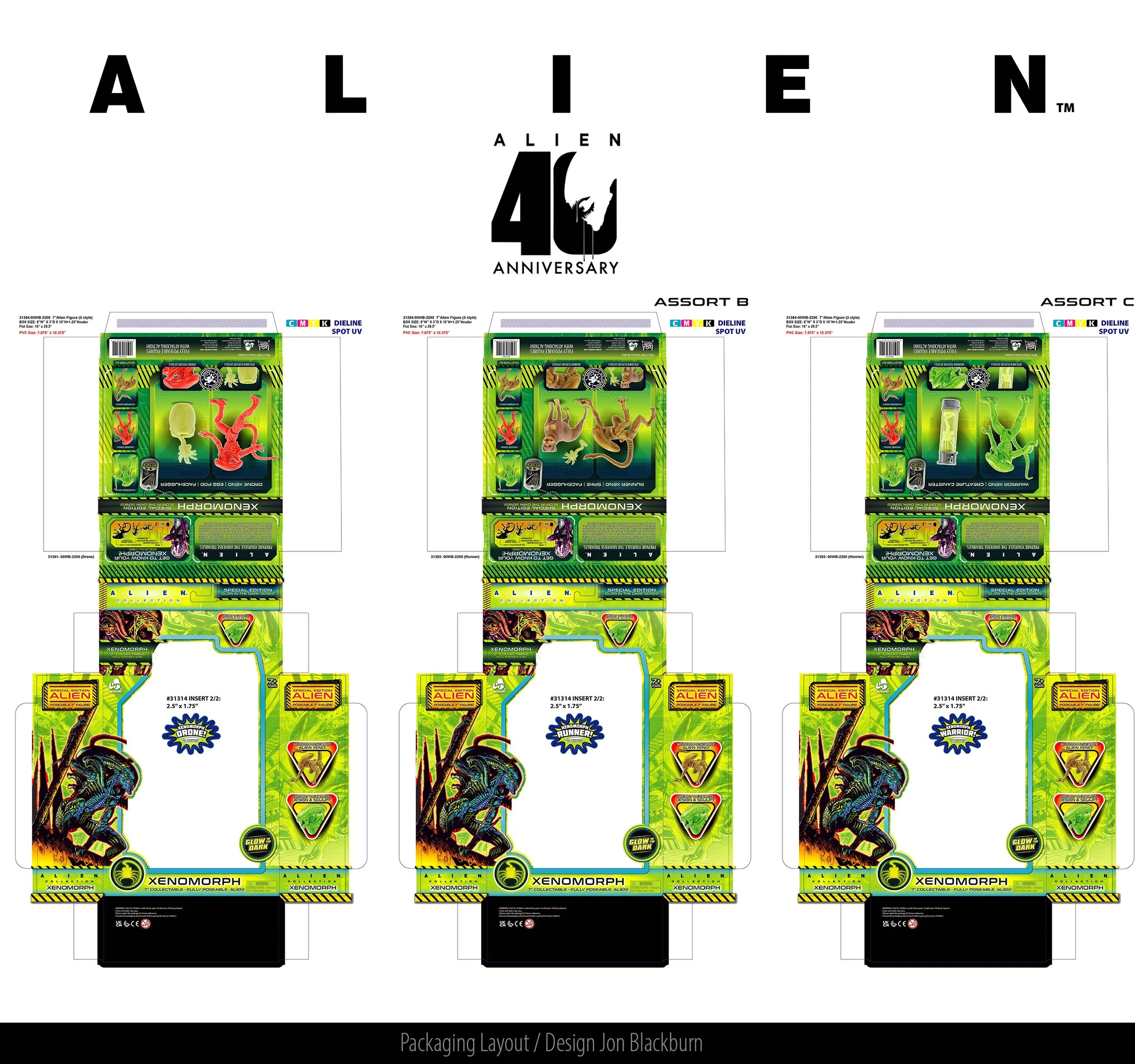 Packaging layout for Alien Xenomorph collectibles, featuring three different assortments with vibrant green and yellow designs, images of alien creatures, and product details.