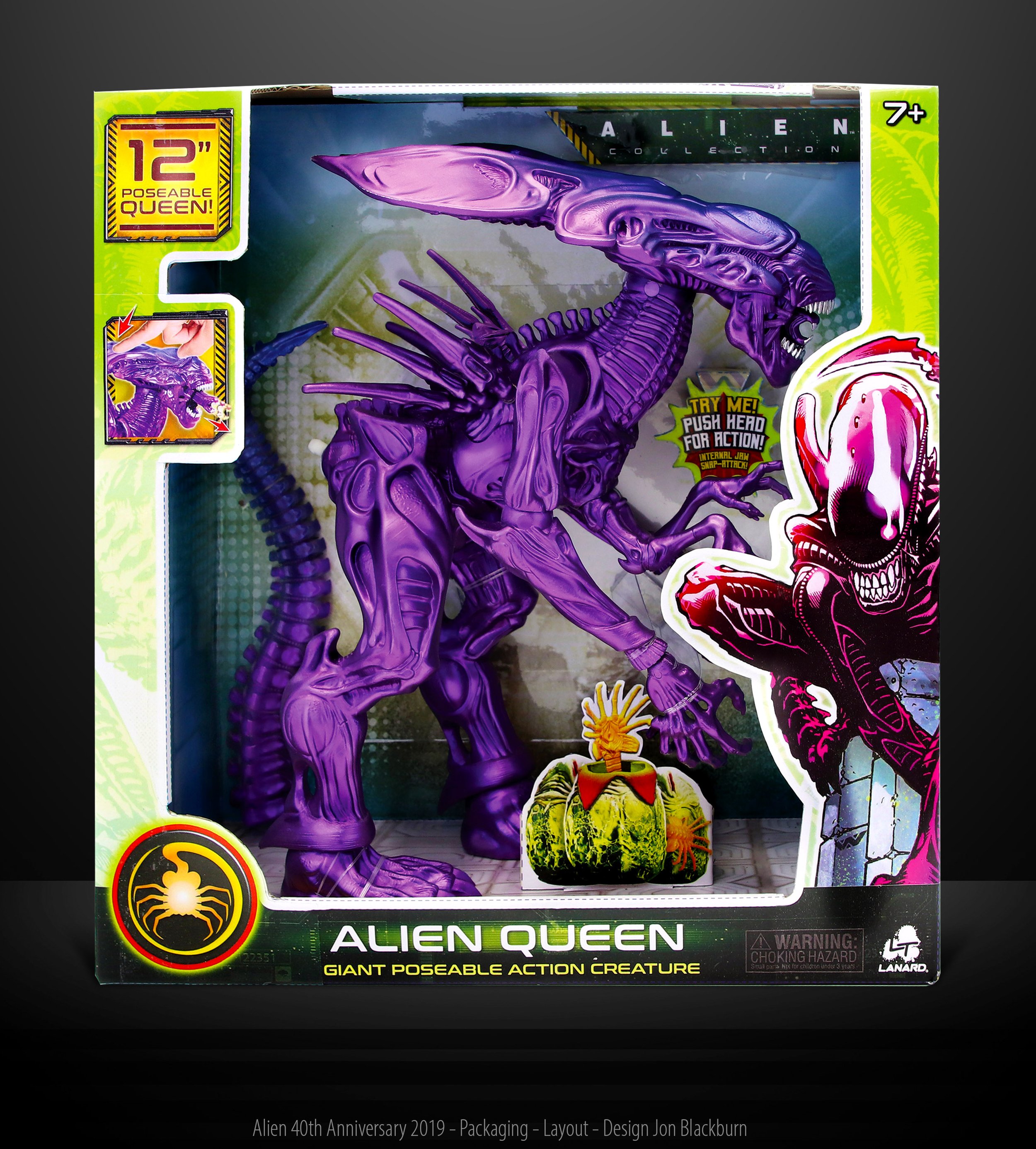 Purple action figure of the Alien Queen from the "Alien" franchise in its packaging, featuring a push head for movement, with artwork and labels highlighting it as a giant poseable action creature for children aged 7 and up.