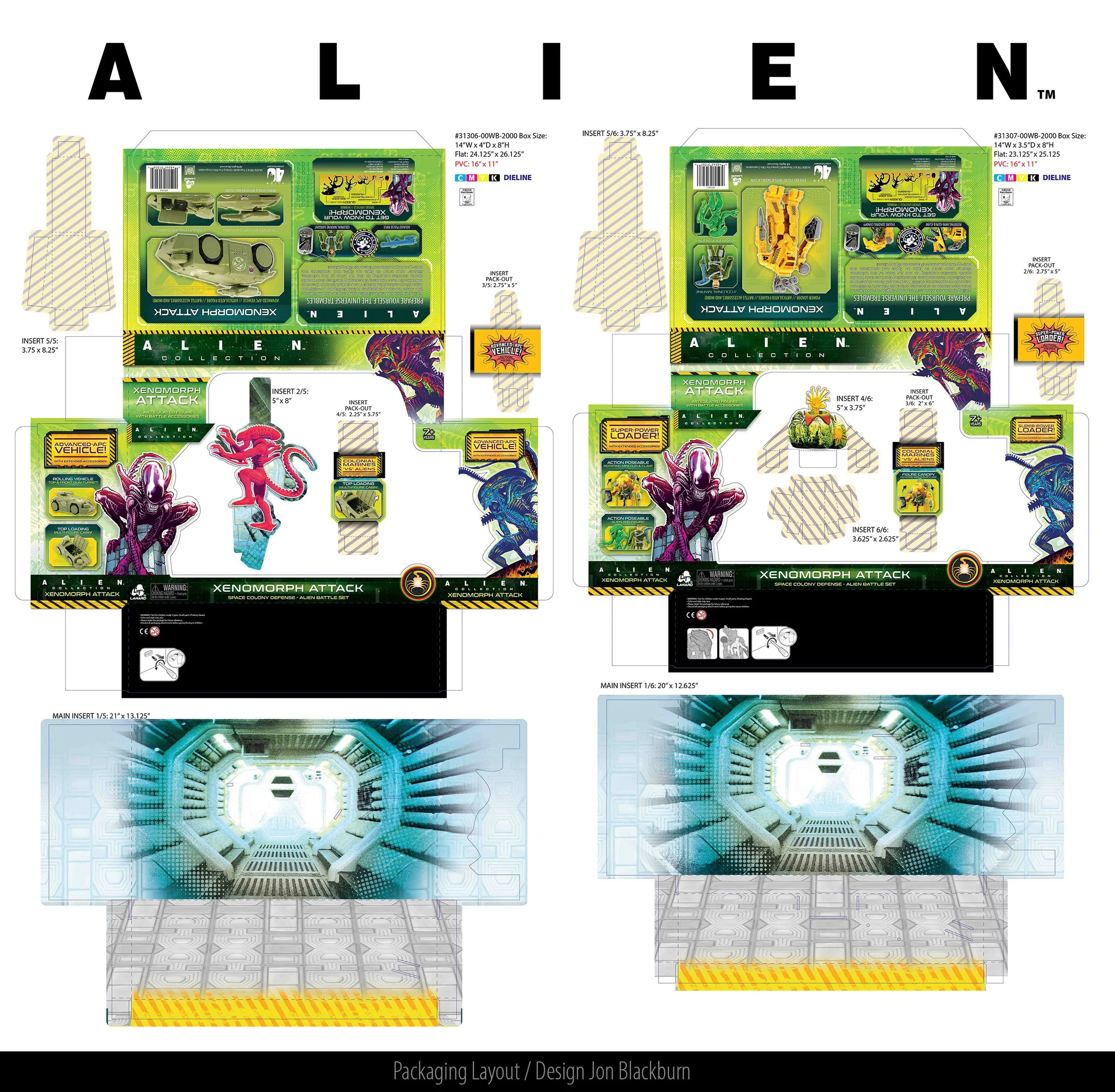 Two packaging layouts for an Alien-themed Xenomorph Attack toy set, showing product images, instructions, and futuristic sci-fi graphics.