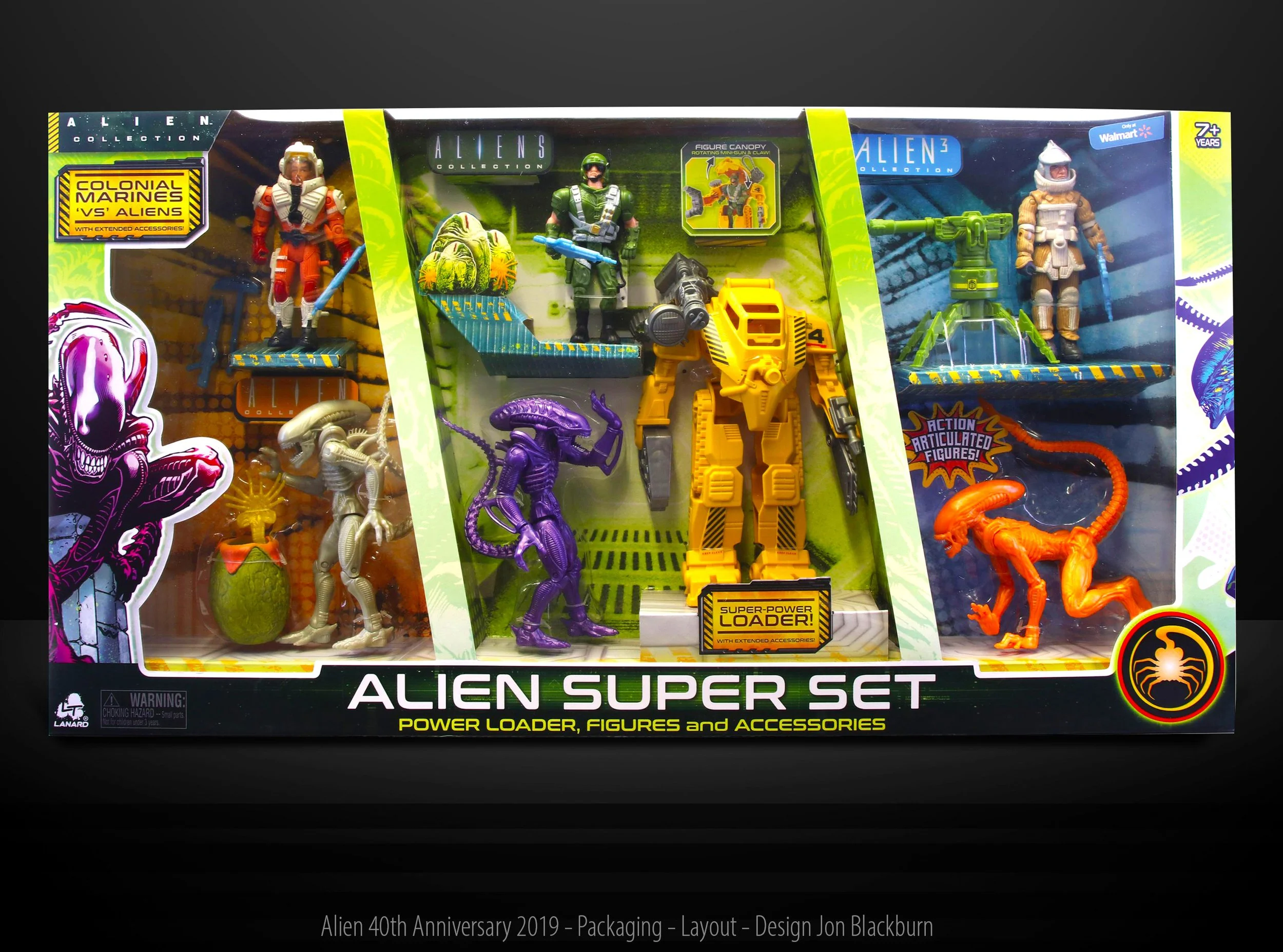 A boxed set of alien-themed action figures and accessories titled 'Alien Super Set,' featuring various figures of aliens and humans, a yellow power loader, and other toy accessories.