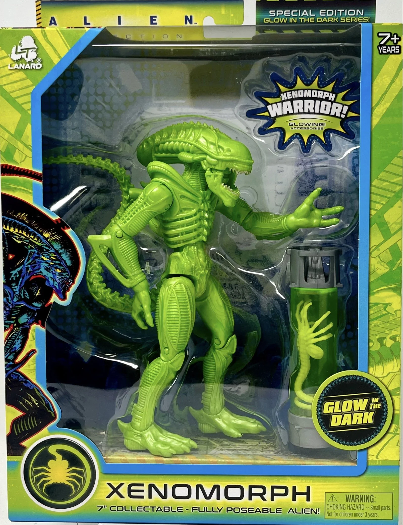 A green action figure of Xenomorph from Alien, with glowing features, inside packaging with labels indicating it's a 7-inch fully poseable collectible toy, part of the 'Glow in the Dark' series for ages 7 and up.