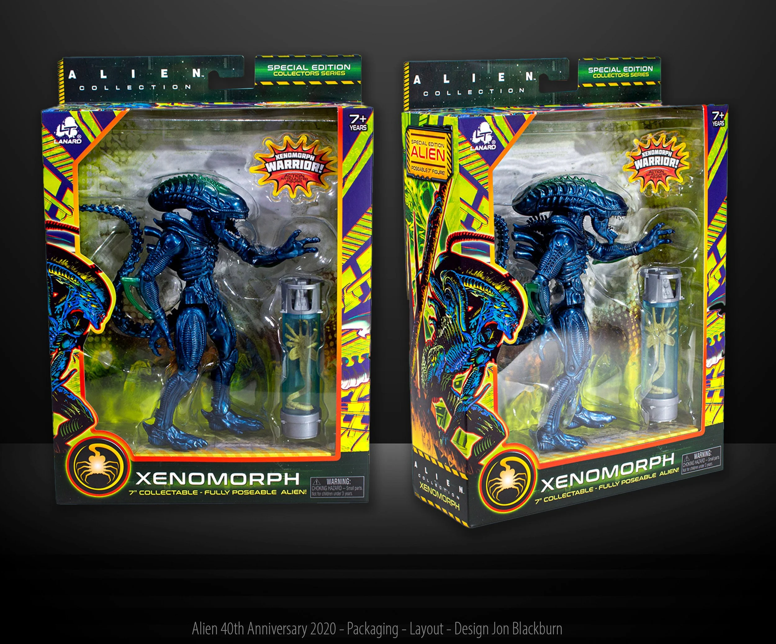 Two Alien Xenomorph action figures in colorful packaging, each with a small accessory, part of the Alien collection celebrating the 40th anniversary in 2020