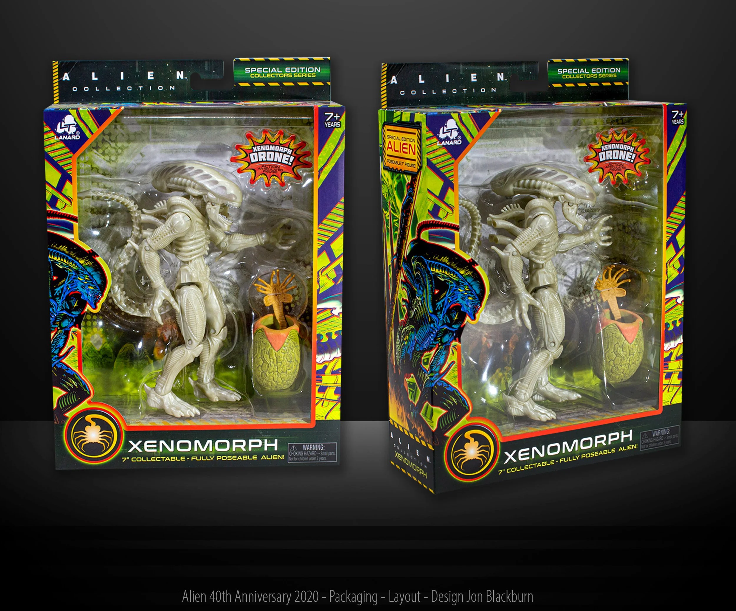 Two boxed Alien Xenomorph collectible action figures with a small alien plant prop, inside clear plastic display packaging with colorful, sci-fi themed graphics and branding.