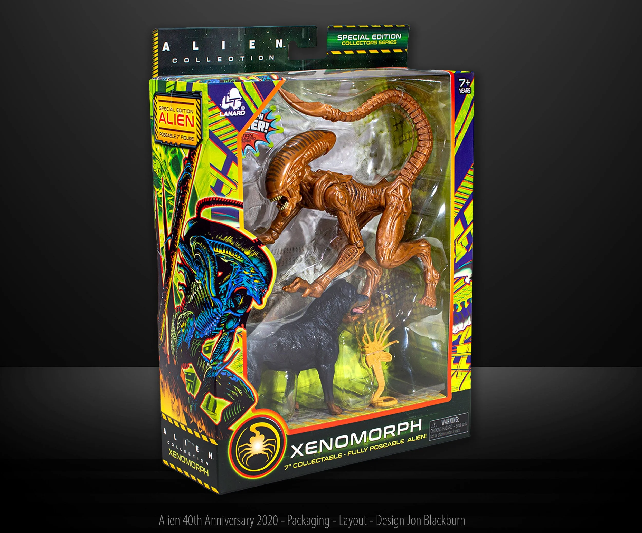 A collectible action figure set featuring characters from the Alien franchise, including a brown Xenomorph and a black dog, in colorful packaging with Alien branding and artwork.