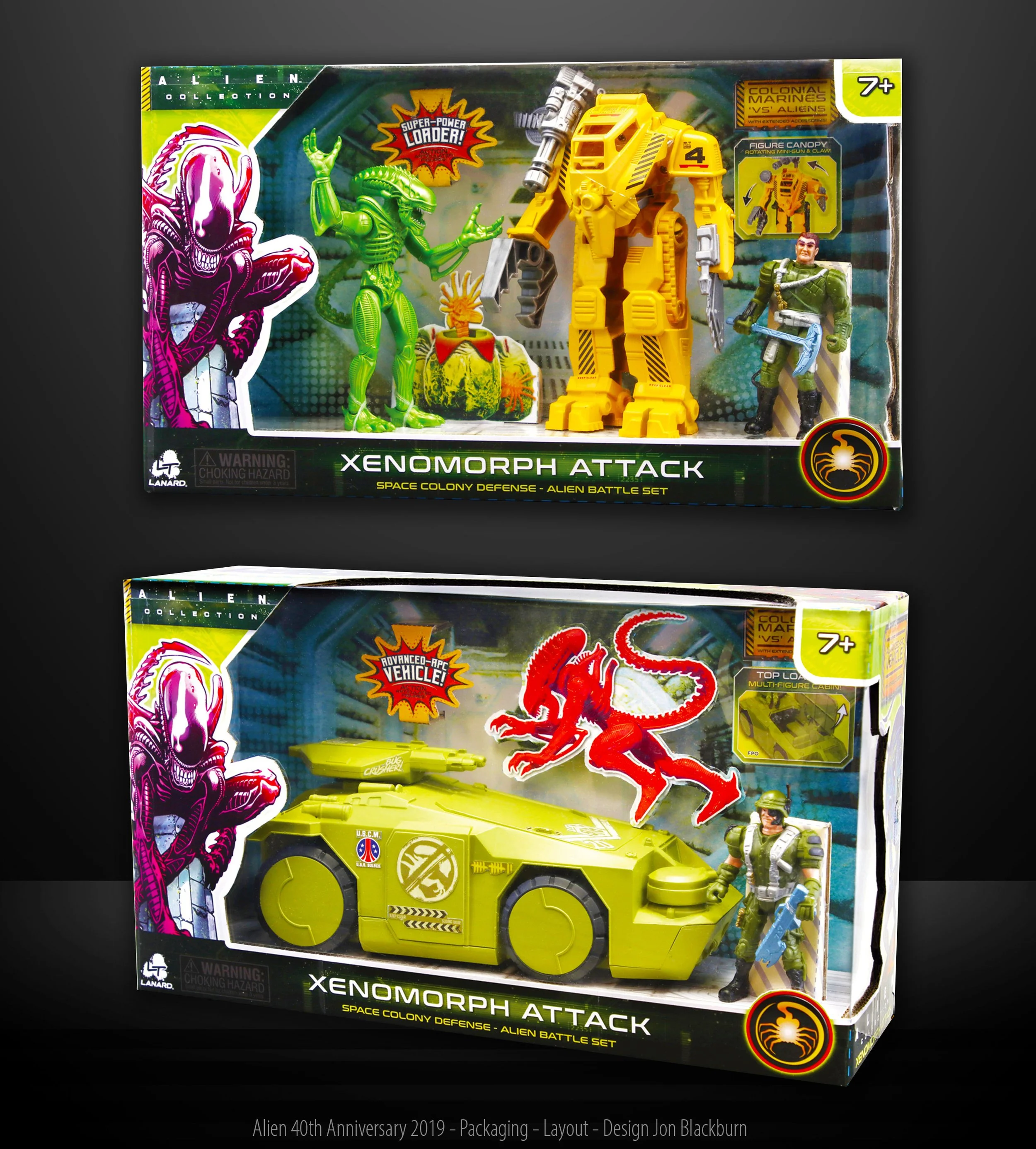 Two toy sets from the Alien collection titled 'Xenomorph Attack.' The top set includes a green alien figure, a yellow and gray mech, a human soldier, and a figure canopy. The bottom set features a yellow armored vehicle, a red alien figure, and a hum