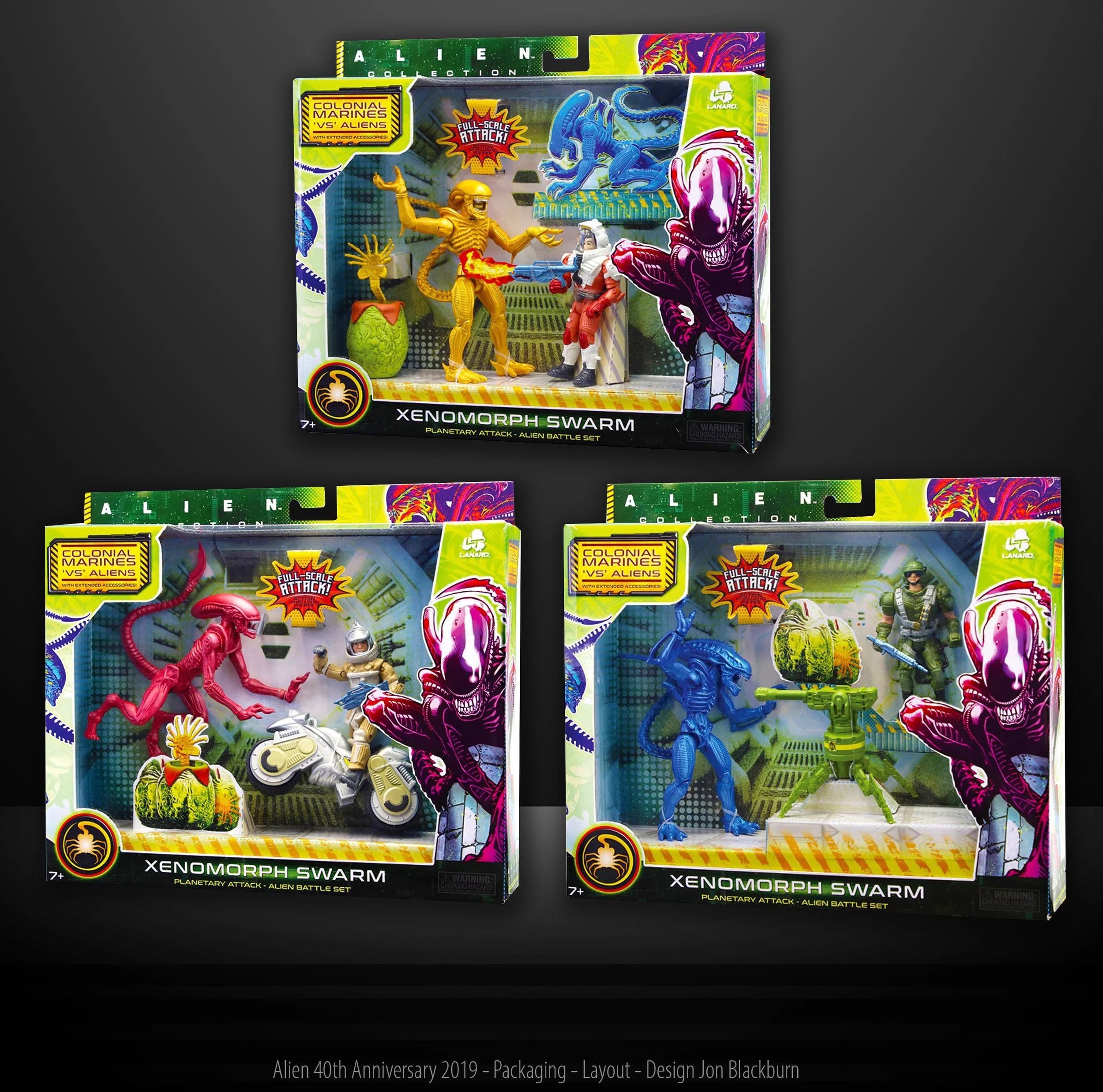 Three boxes of Alien Xenomorph Swarm toy sets, featuring different alien and human combat figures, set against a dark background with colorful packaging design.