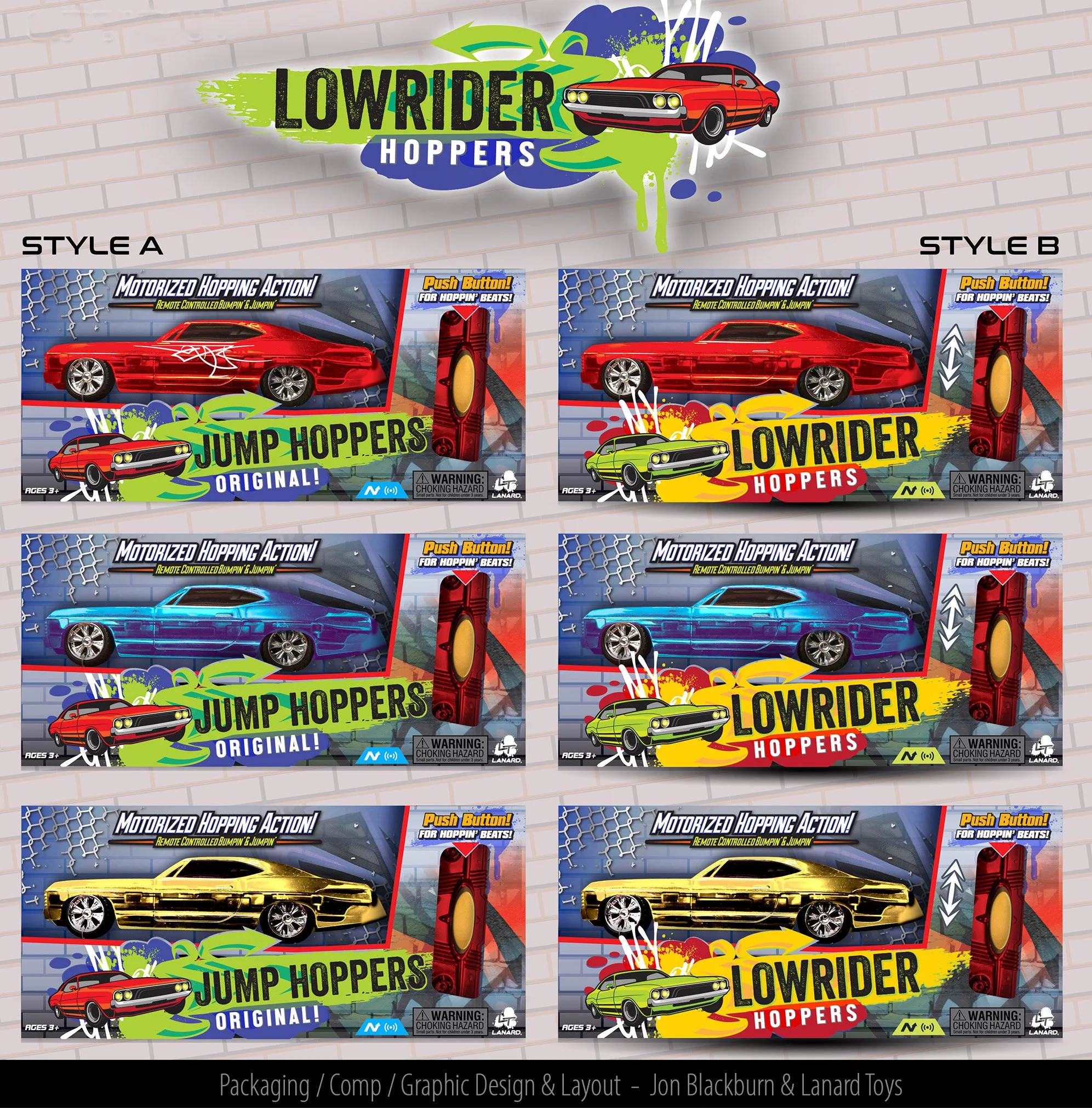 Six toy car packages featuring motorized hopping cars called 'Jump Hoppers' and 'Lowrider Hoppers.' The packages showcase cars in red, blue, and gold colors with graphics of jumping or bouncing actions, and include a red push button for activation. T