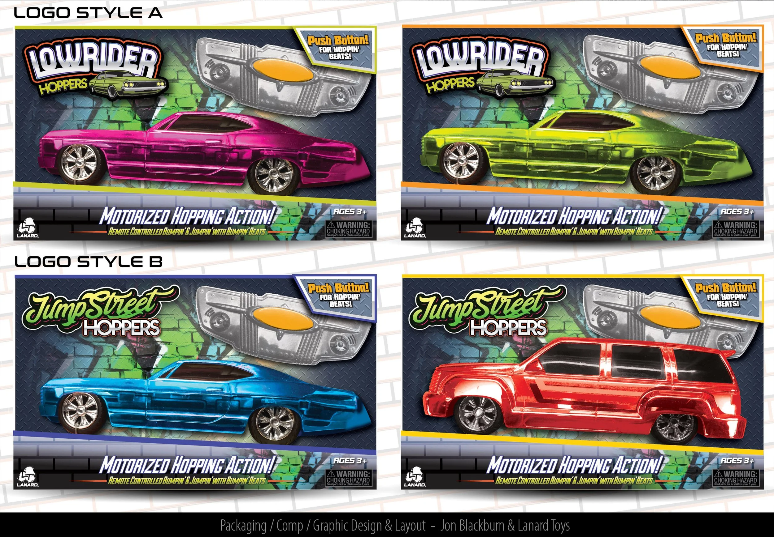 Four toy car boxes containing remote-controlled toy cars of various colors: pink, green, blue, and red, with each box featuring a metal track accessory and vibrant graffiti-style background.
