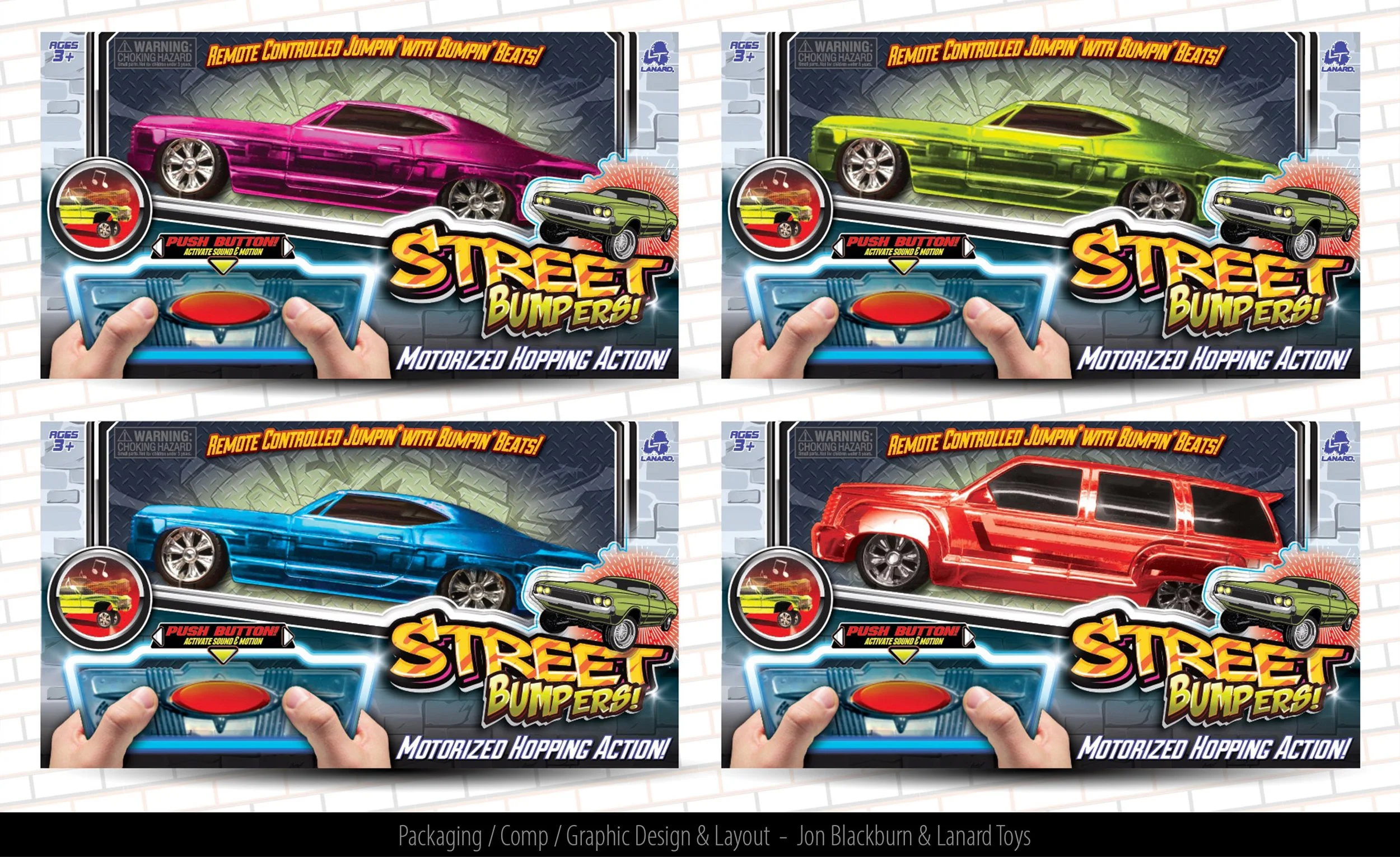 Top left: Hot pink remote-controlled toy car with wheels, packaged with a hand pressing a red button on a blue device labeled 'Street Bumpers!'. Top right: Green toy car, same packaging style. Bottom left: Blue toy car, same packaging style. Bottom r