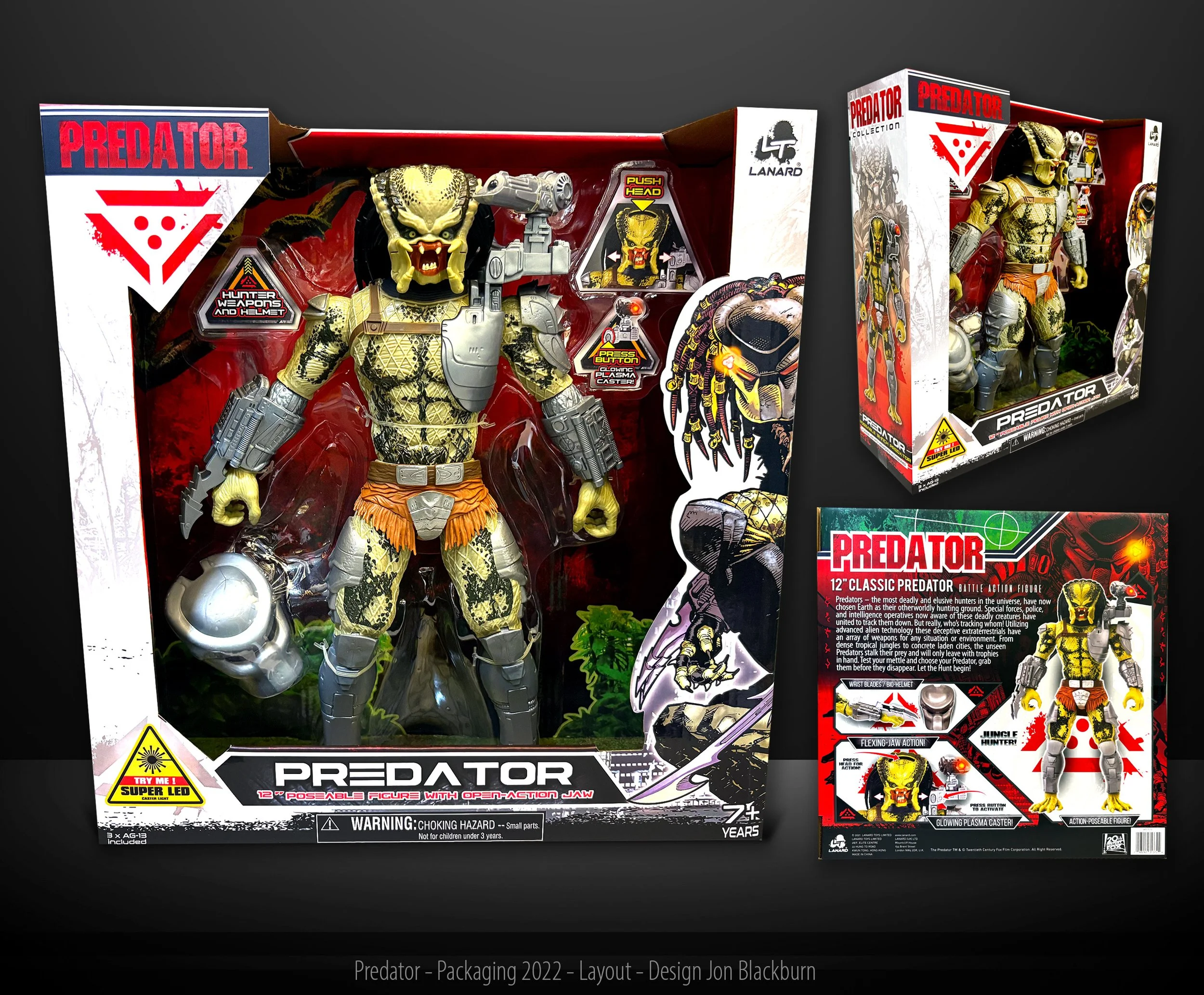 Predator action figure in packaging with weapons and accessories, packaging includes images and descriptions, smaller additional packaging box with similar design, colorful graphics and warning labels.