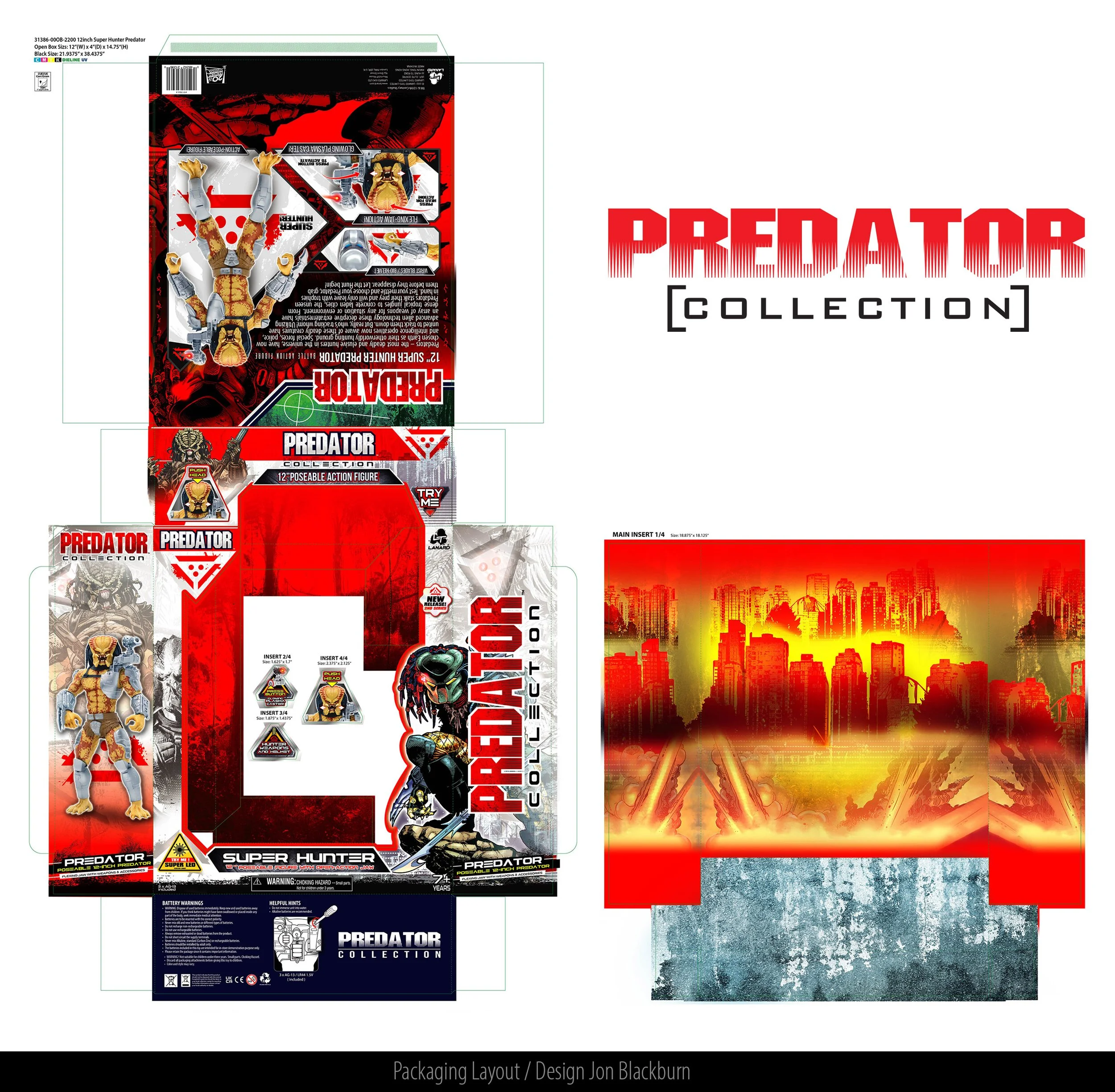Packaging layout for Predator collection action figures featuring images of Predator characters, branding, and a cityscape background in red and yellow hues.