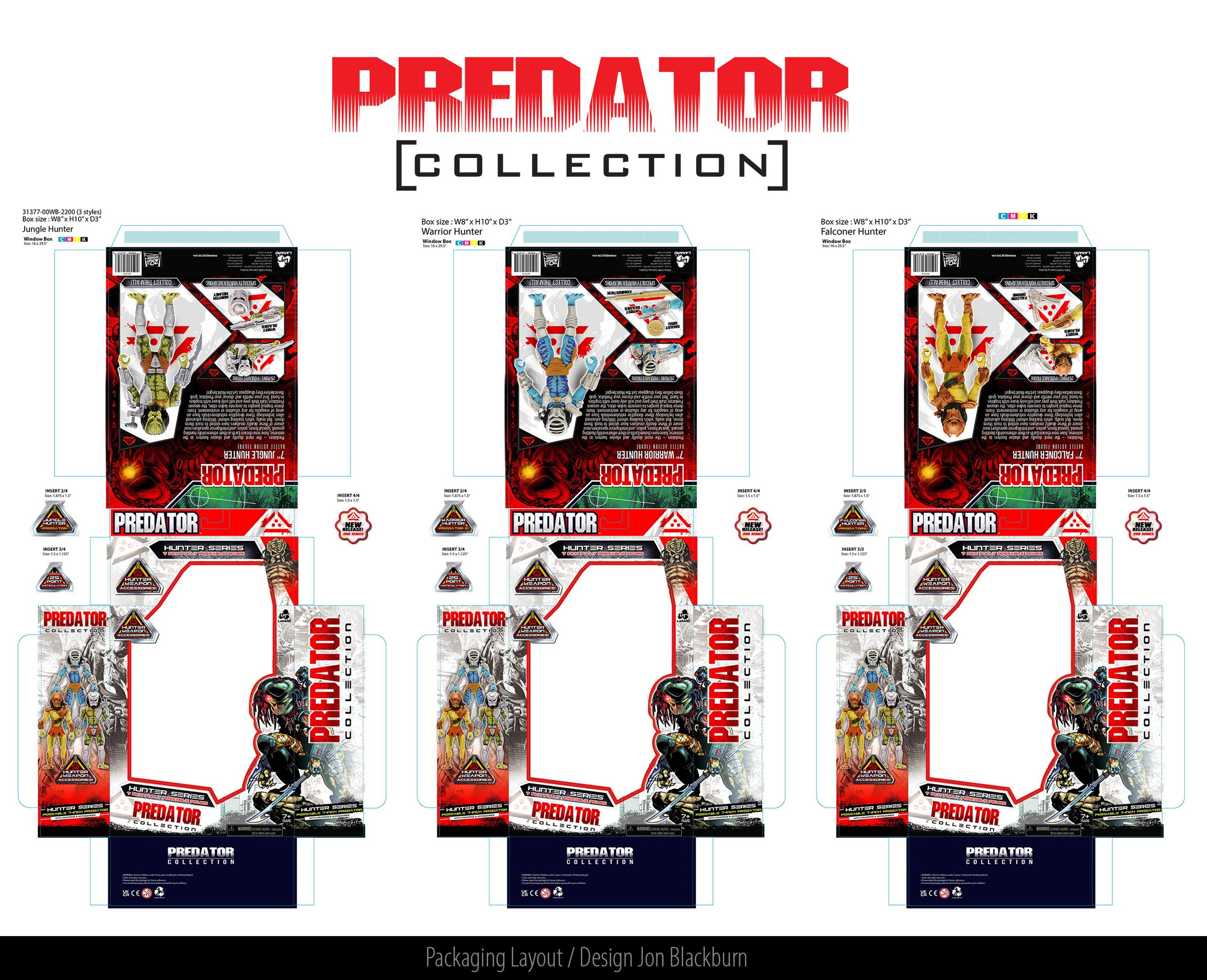 Packaging layout of Predator collection action figures, featuring three different character boxes and their respective inserts, designed by Jon Blackbum.