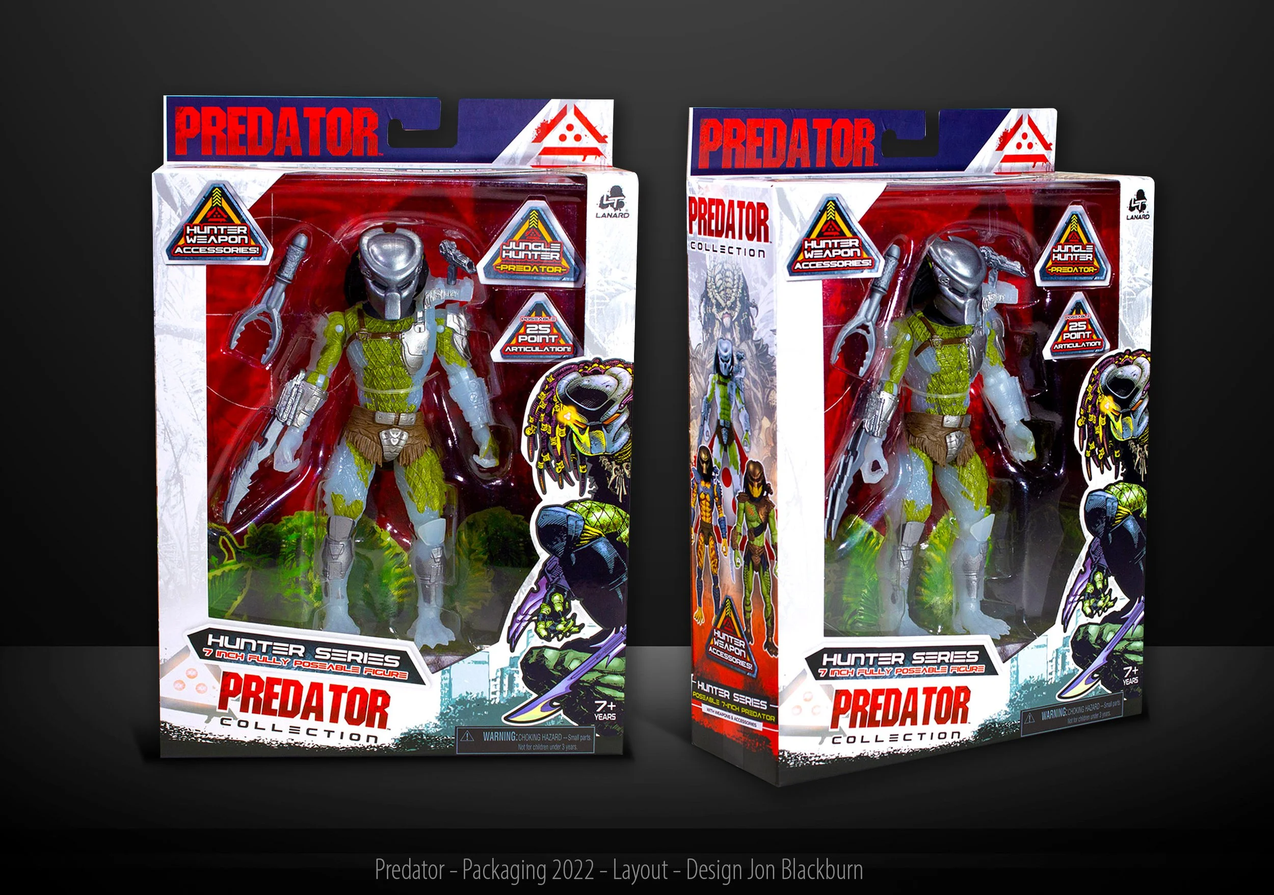 Two Predator action figures in packaging featuring vibrant colors, weapon accessories, and illustrations of other characters from the Predator series. The packaging includes the text 'Hunter Series,' 'Predator Collection,' and age recommendation 7+. 