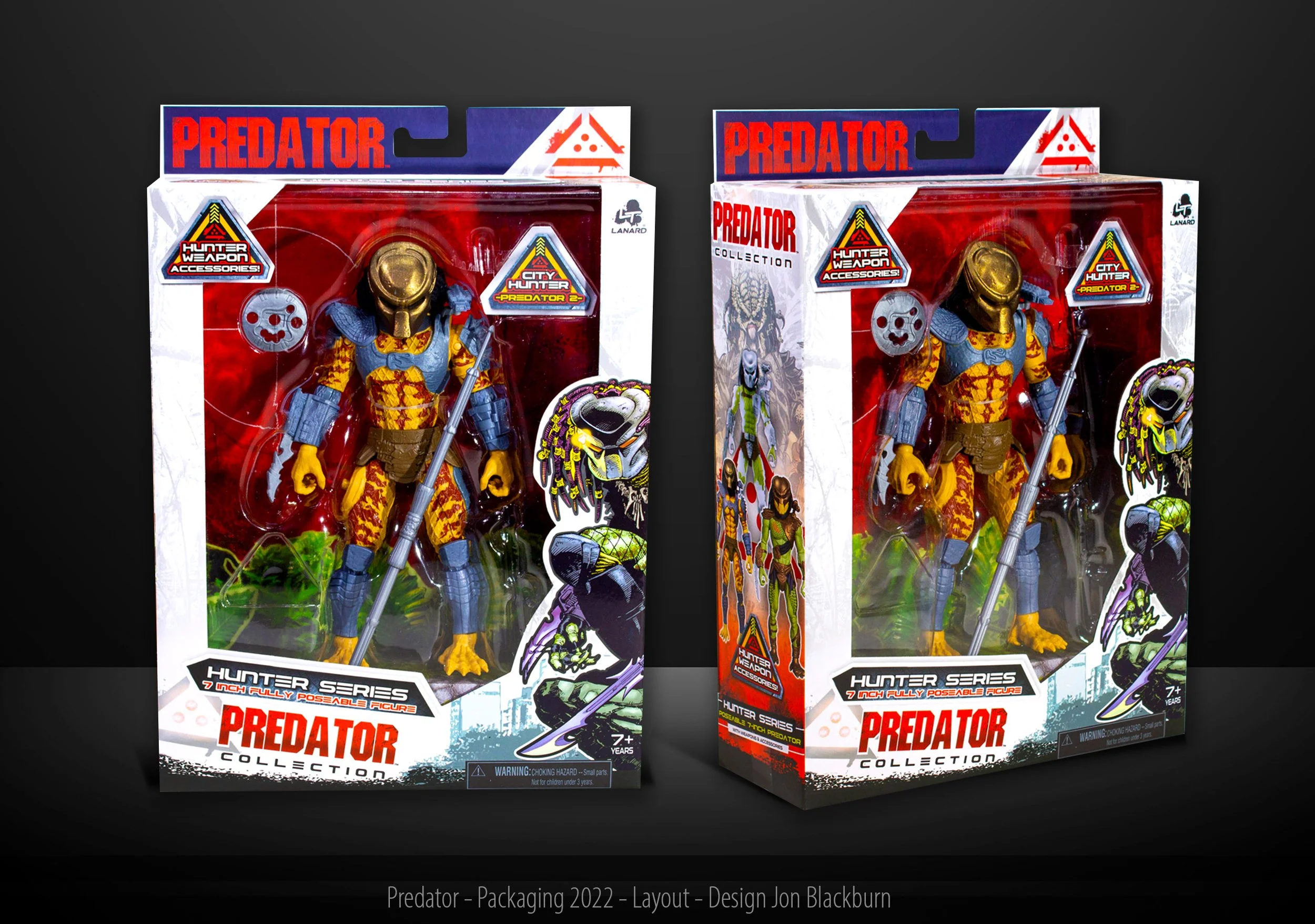 Two Predator action figures in packaging with colorful illustration and branding, featuring a robotic creature with armor and weapons.