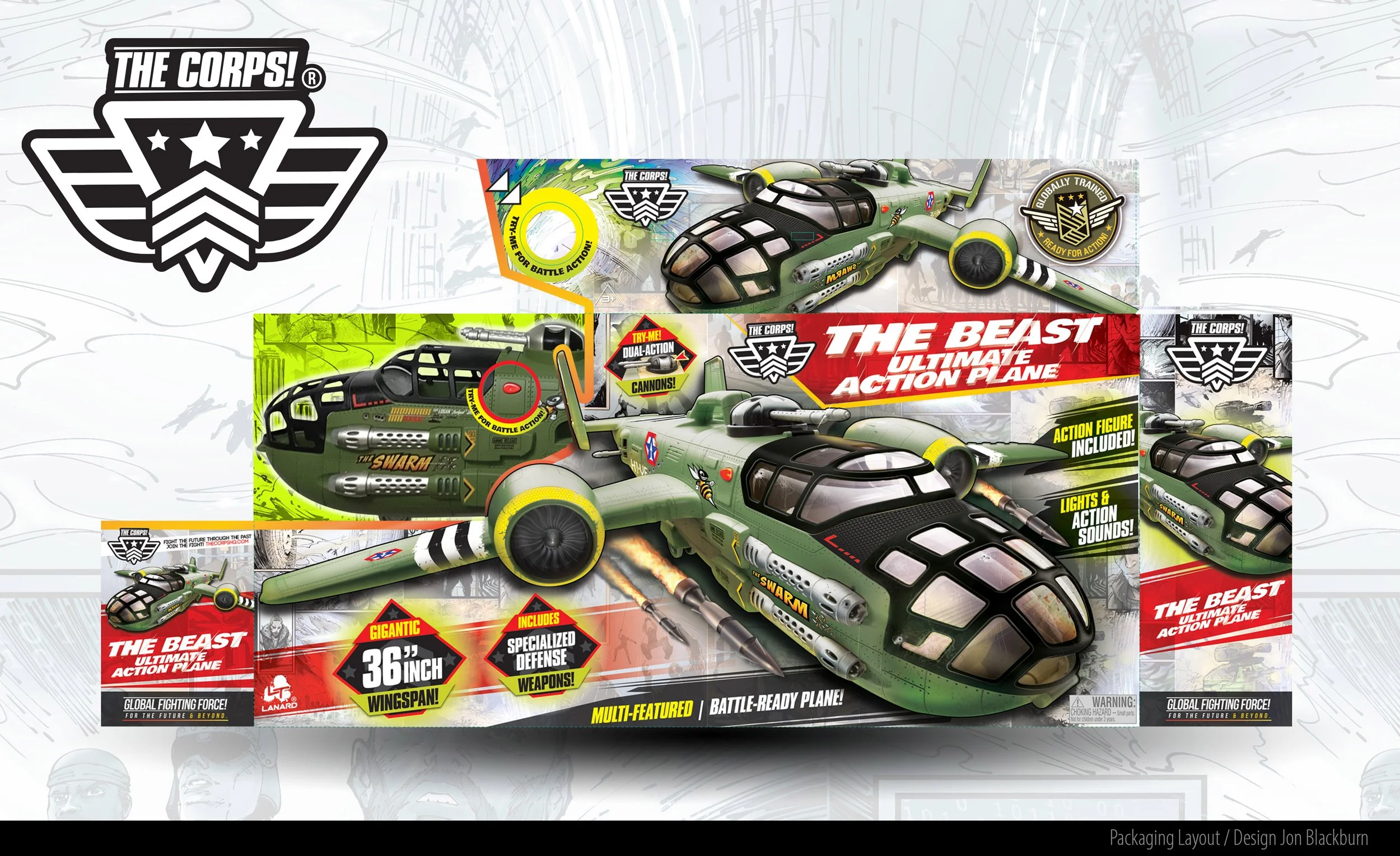 Toy action plane with missile features, labeled 'The Beast Ultimate Action Plane', with colorful packaging and branding from 'The Corps!' line, including slogan 'For the Future & Beyond' and information about lights, sounds, and dual-action cannons.