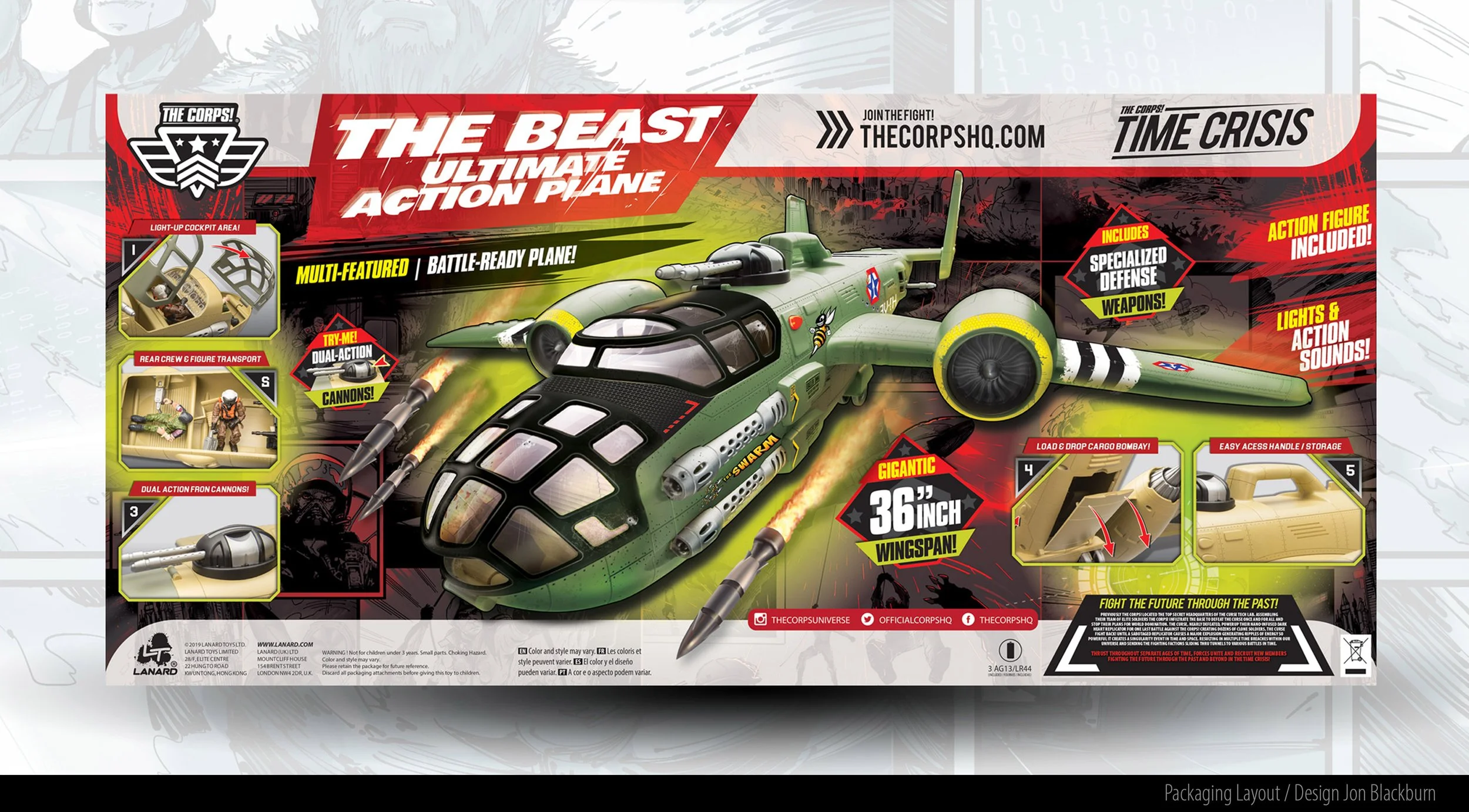 Toy military battle plane with 36-inch wingspan, green and black color, dual action cannons, LED cockpit, and removable action figure. Features include special defense weapons, lights, action sounds, cargo hold, and storage handle.