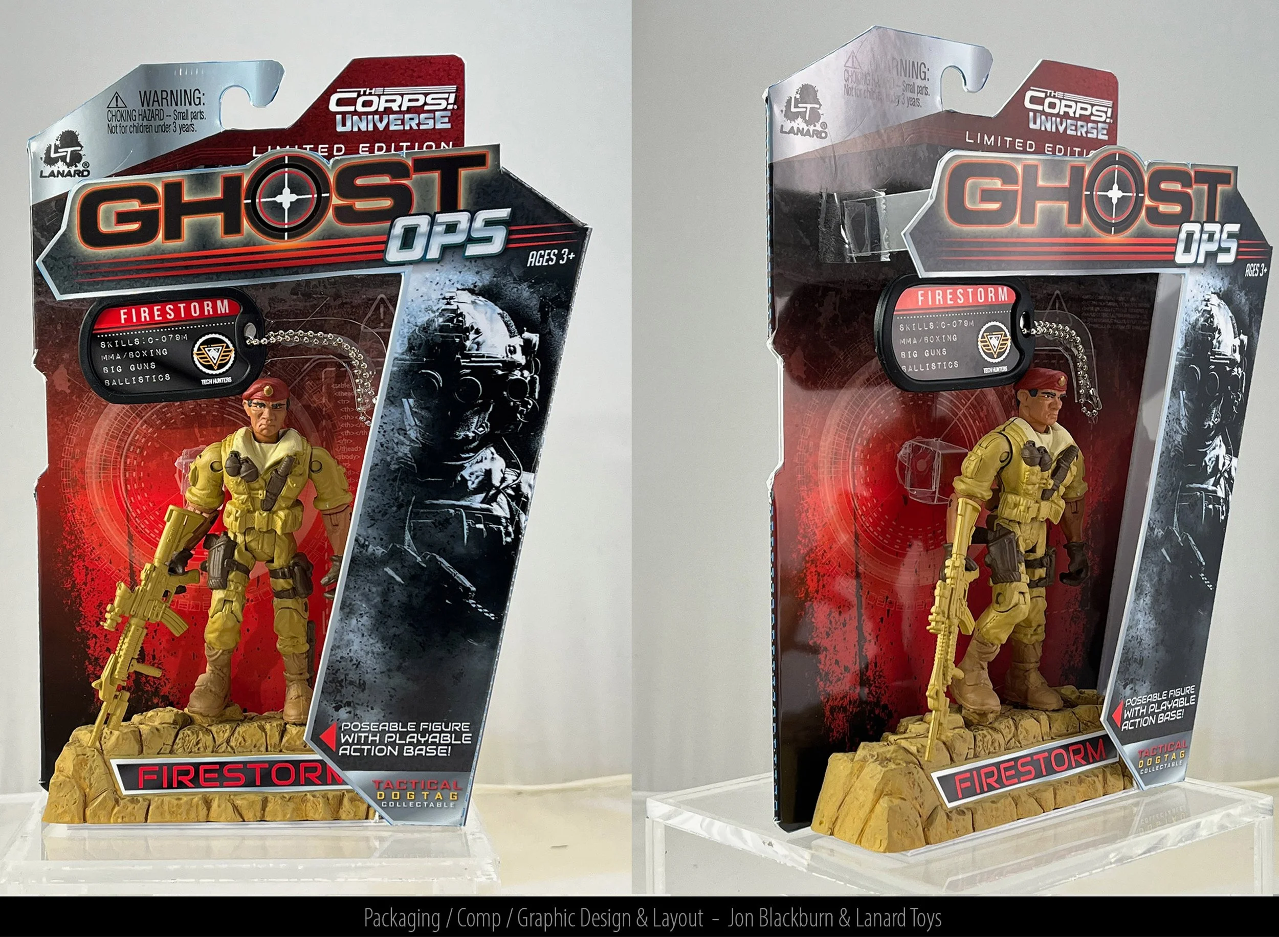 Two boxed action figures from the Ghost Ops Firestorm collectible toy line, each featuring a soldier in yellow combat gear with accessories, displayed against a rocky base with a red digital targeting background.
