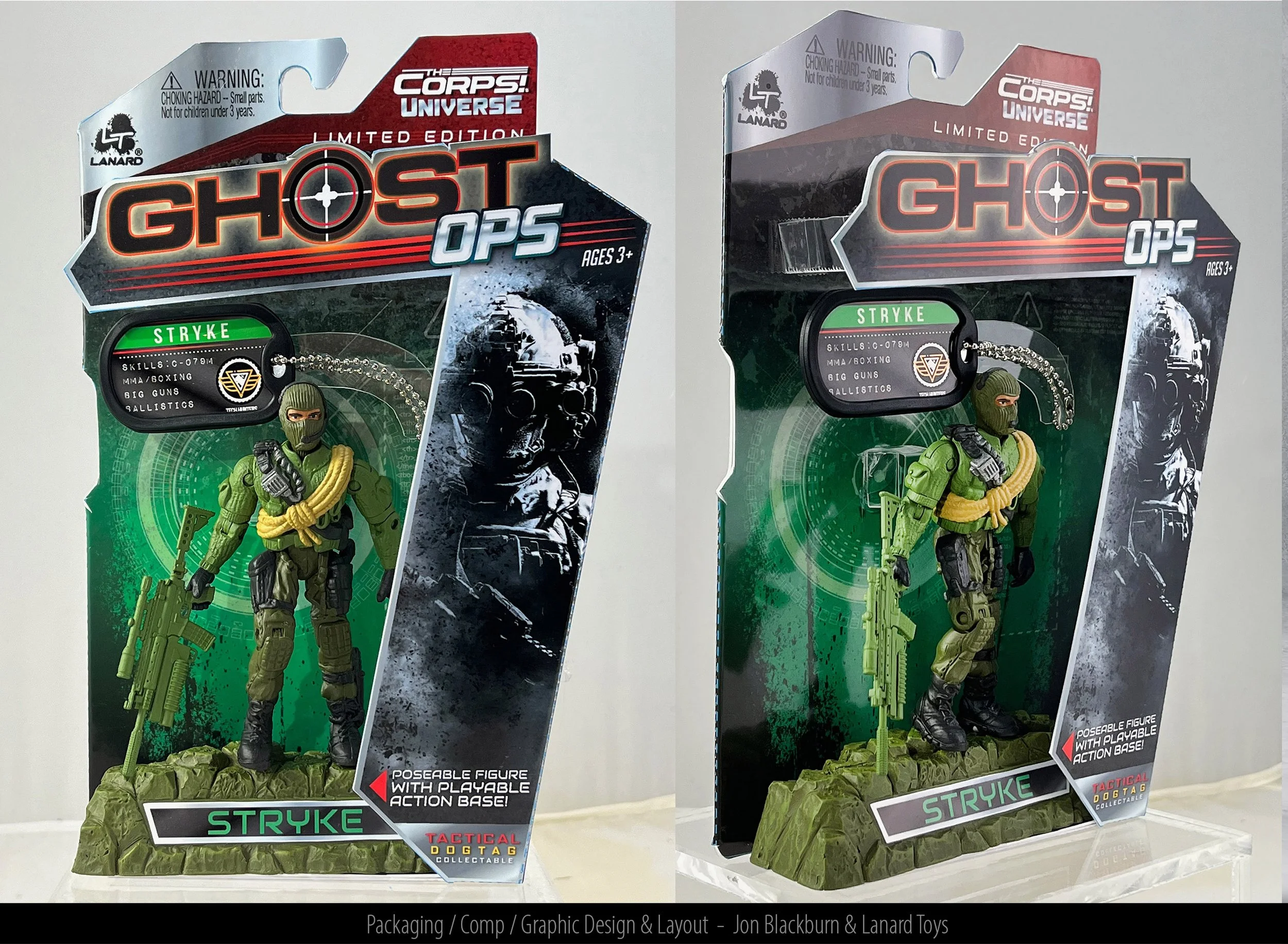 Packaging for a GHOST Ops action figure from Lanard Toys featuring a green military figure named Stryke holding a rifle, with a green dog tag that lists skills and a playable action base.