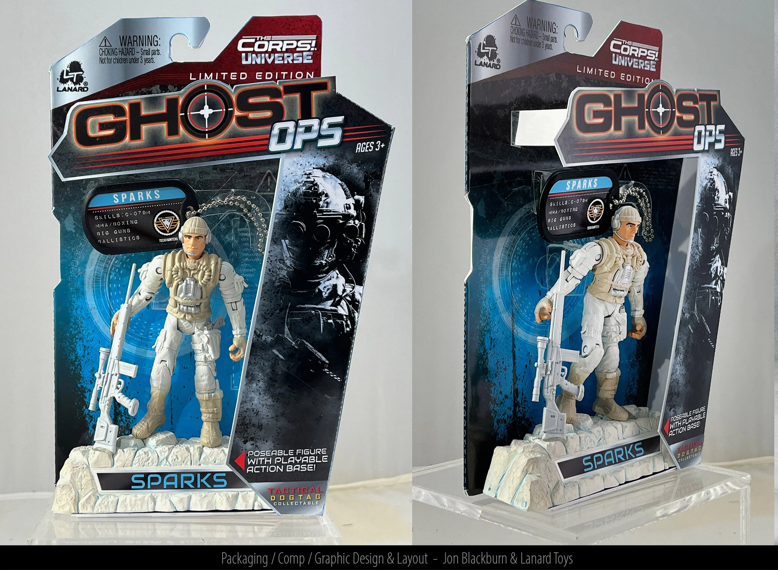 Toy labeled 'Ghost Ops' from The Corps! Universe series, featuring a military figure with white armor, vest, and helmet, carrying a rifle, in a blue and black packaging with a rocky base piece, and detailed graphic design.