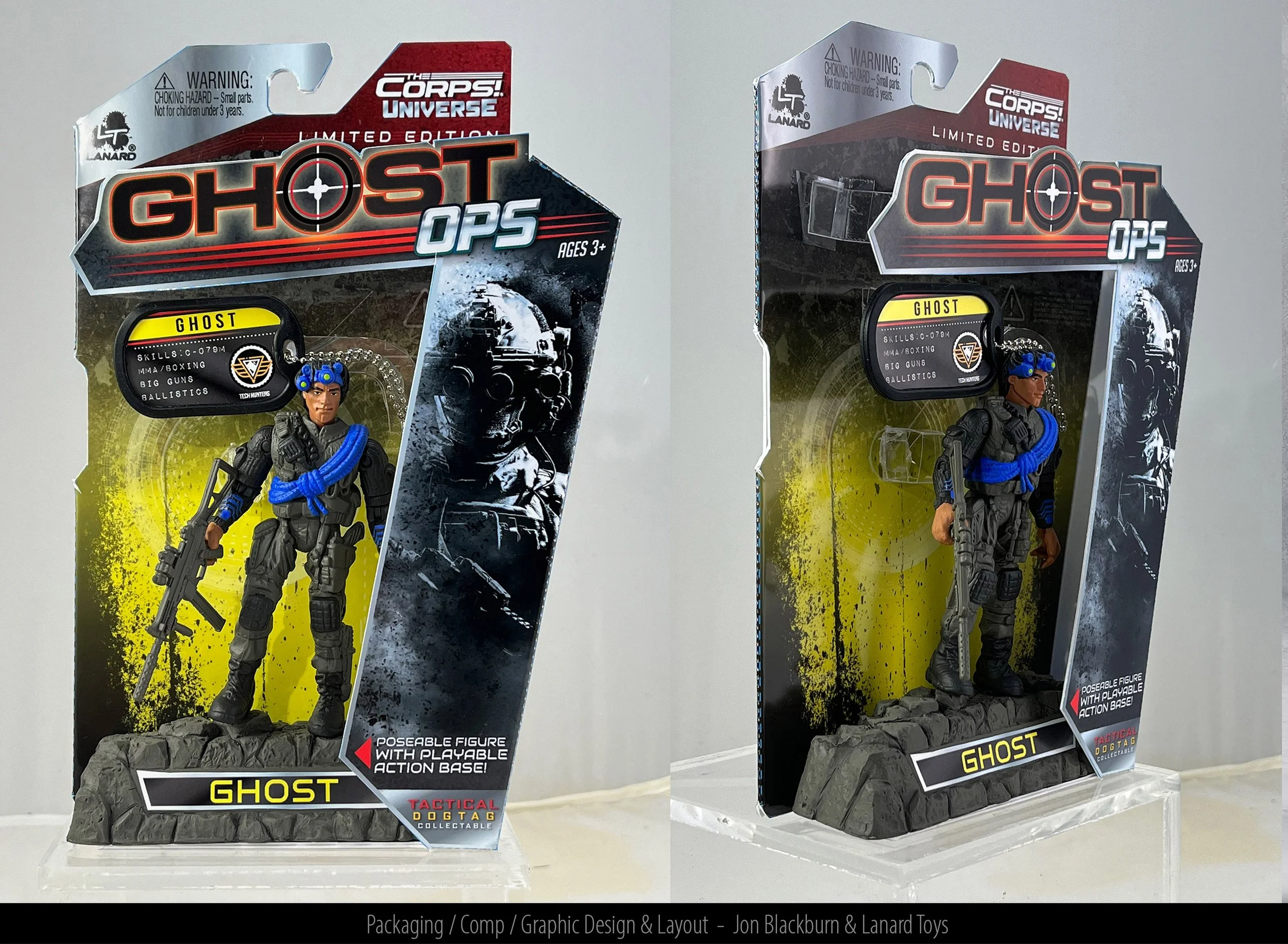 Two packaged Ghost Ops action figures in original boxes. Each figure depicts a soldier dressed in black tactical gear with a blue cord across the chest, holding a rifle, standing on a rocky base. The packaging features a dark hooded soldier image, wi