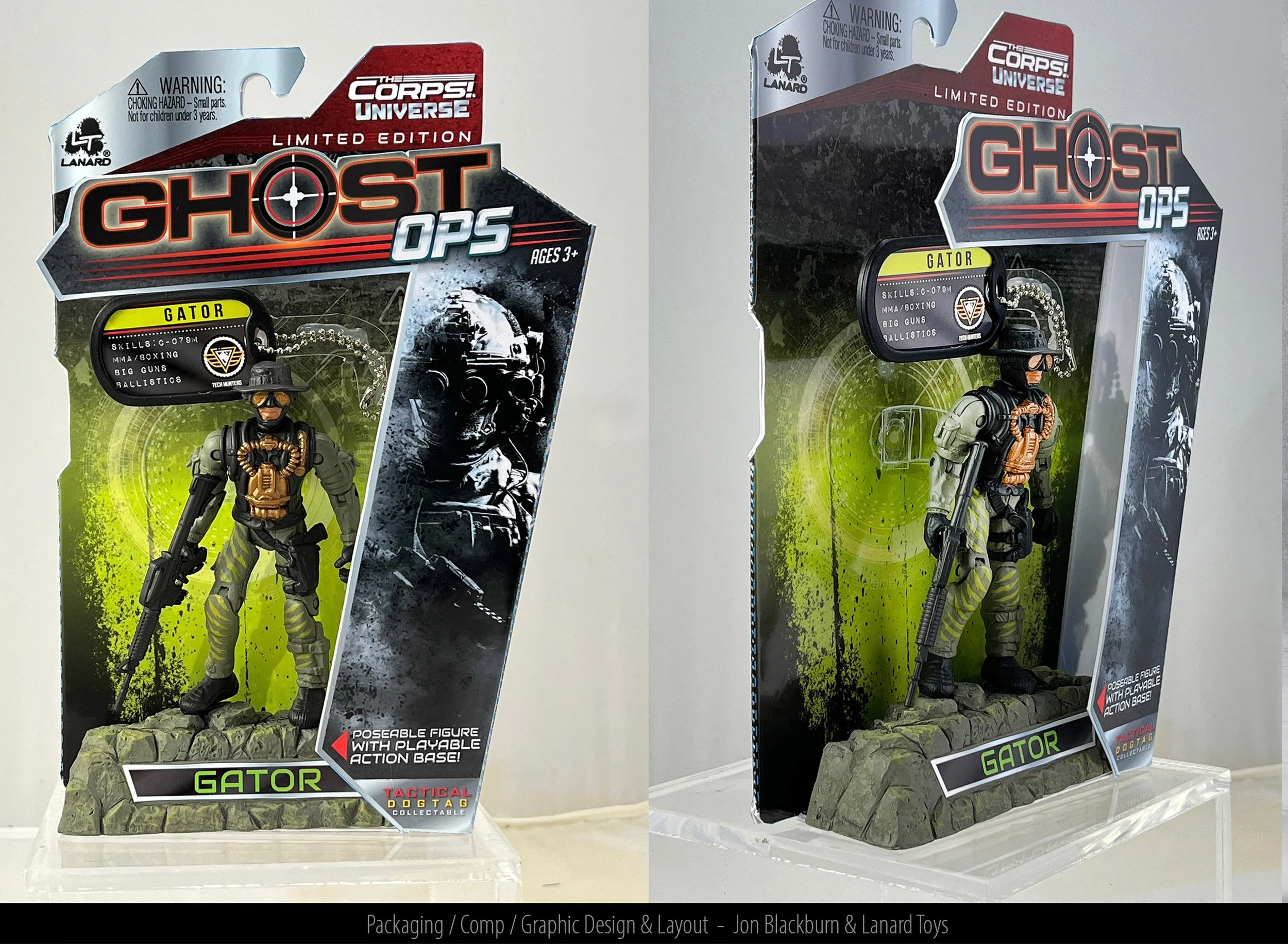 Packaging for a GHOST OPS toy figure named GATOR, part of the Limited Edition Corps! Universe series. The figure is a soldier with camouflage pants, tactical gear, and a rifle, standing on a rocky base inside a clear plastic display. The box features