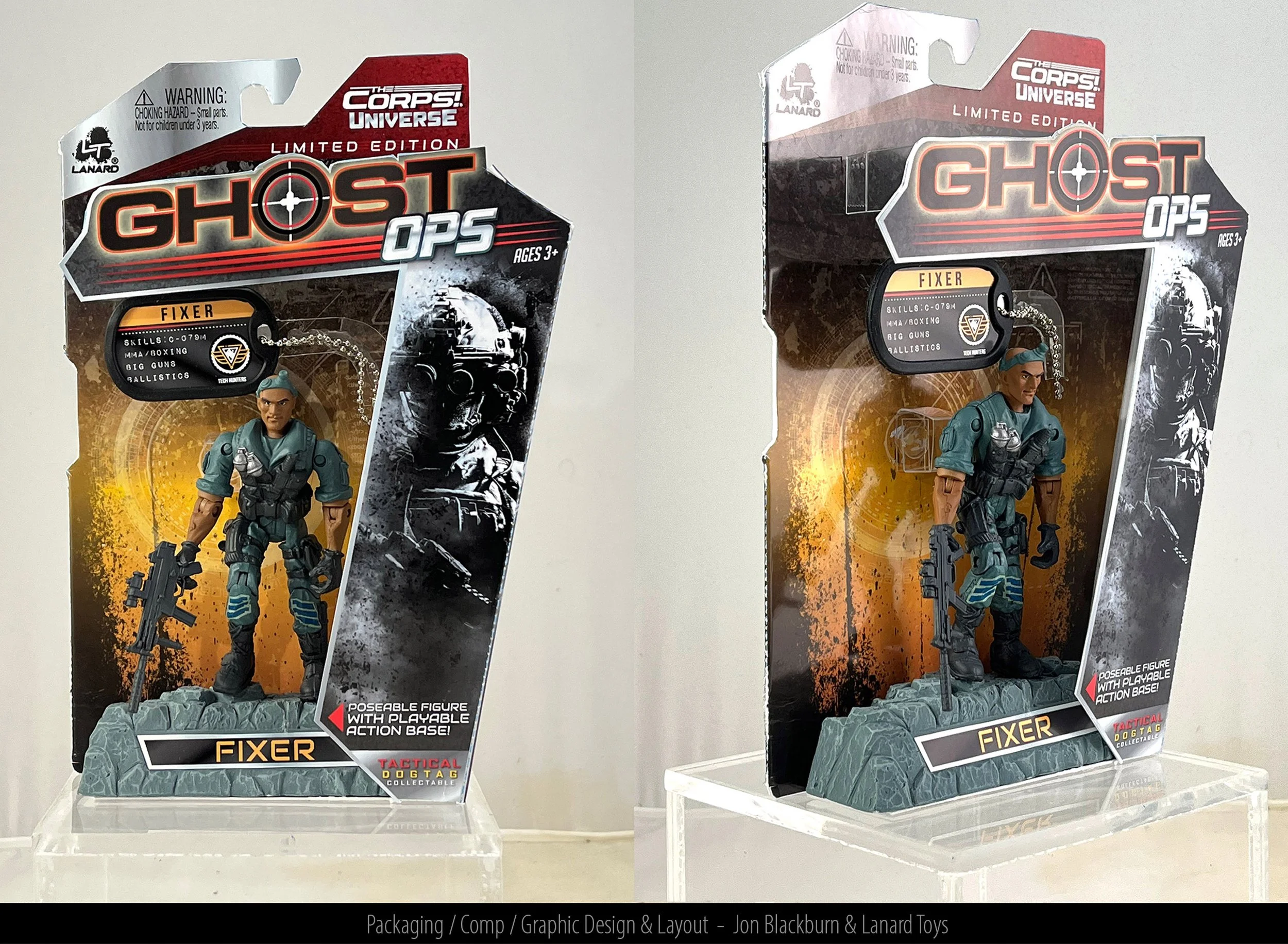 Two images of a toy action figure in its packaging. The toy is a soldier named Fixer from the Ghost Ops series, limited edition, part of the Tactical Doctag Collectible line. The packaging has a black and orange color scheme with a sniper rifle acces