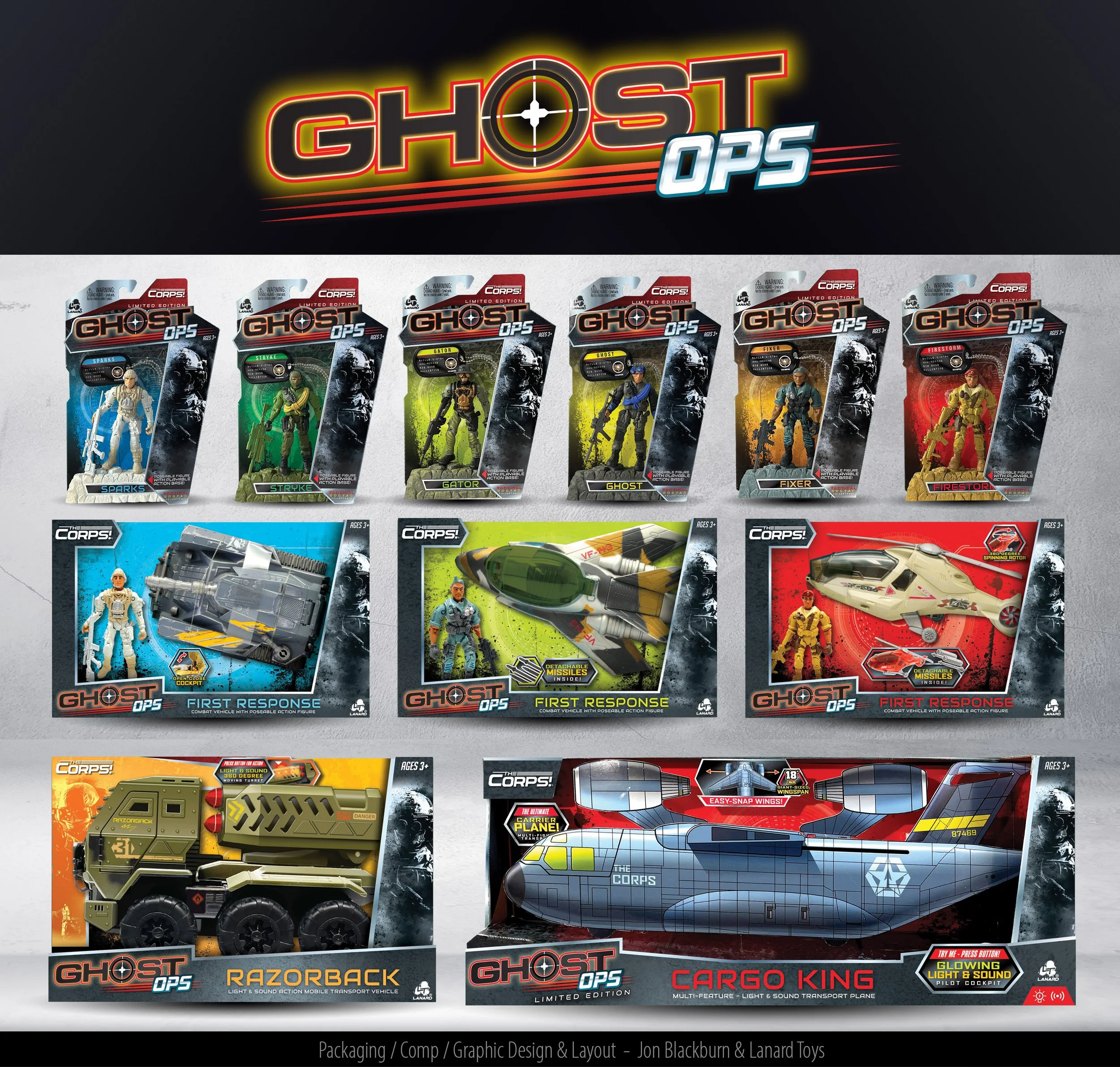 Collection of Ghost Ops toy action figures and vehicles, including soldiers, tactical gear, fighter jets, a transport truck, and a cargo plane, in packaging with colorful backgrounds and branding.