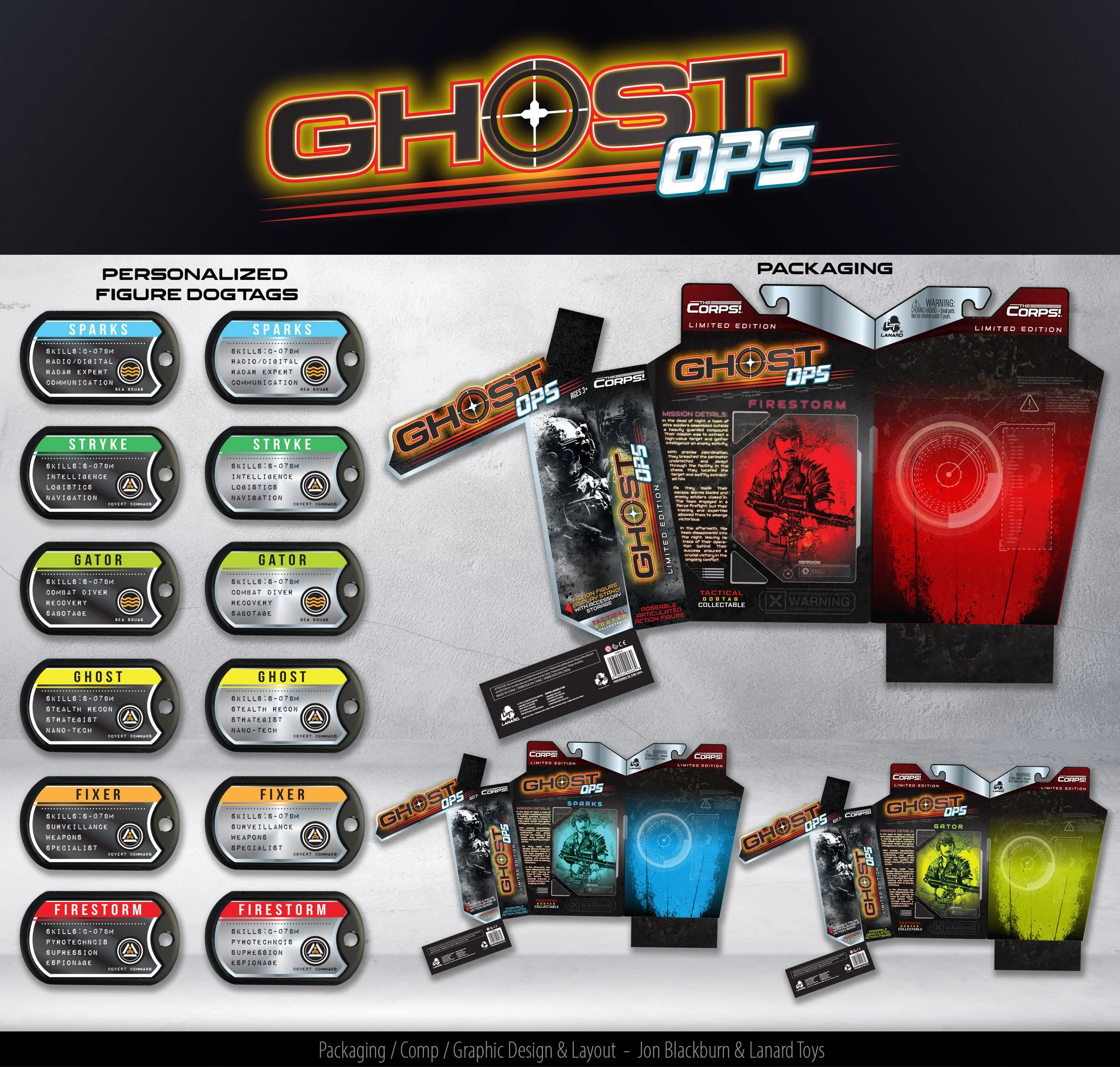 Display of Ghost Ops toy packaging and personalized dog tags with tactical labels and prompts, including product packaging designs and cards.