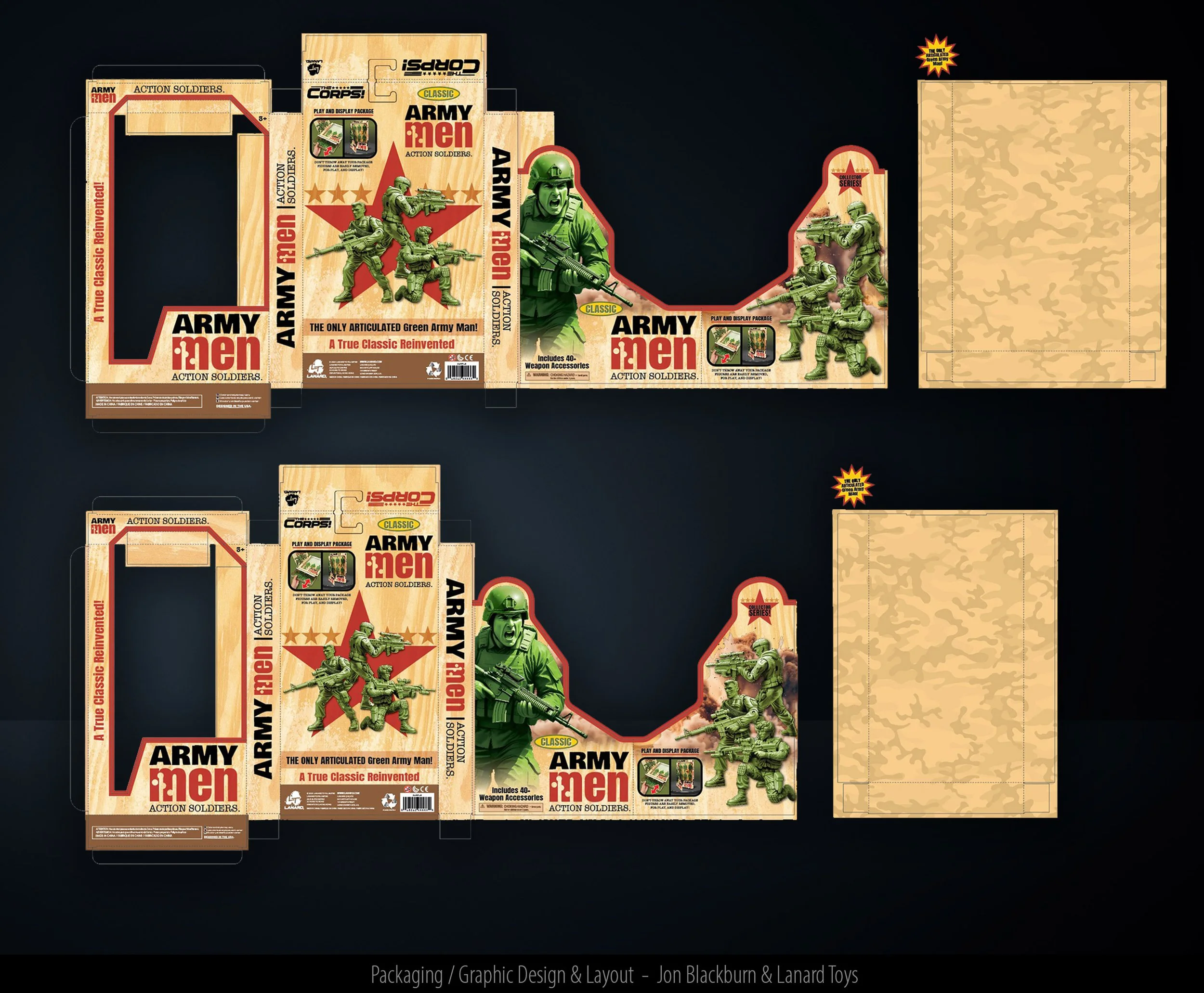 Two sets of cardboard packaging and display layouts for a toy called 'Army Men'. The boxes are designed to resemble wooden crates with green army soldier figures depicted on the front. The packaging features text that reads 'A True Classic Reinvented