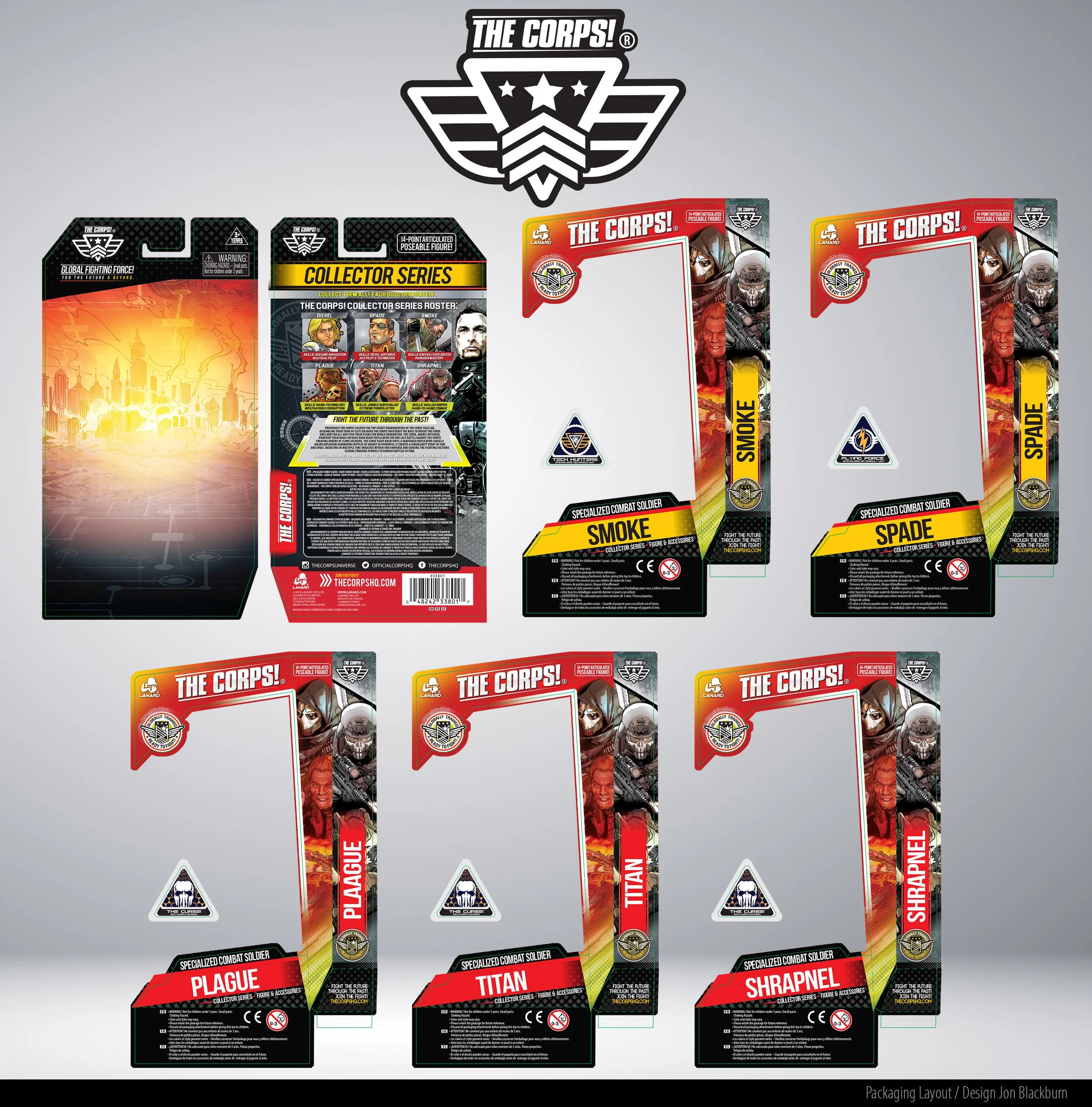 Image of eight toy package designs from The Corps! series, including Smoke, Spade, Plague, Titan, and Shrapnel, with colorful artwork, logos, and labels.