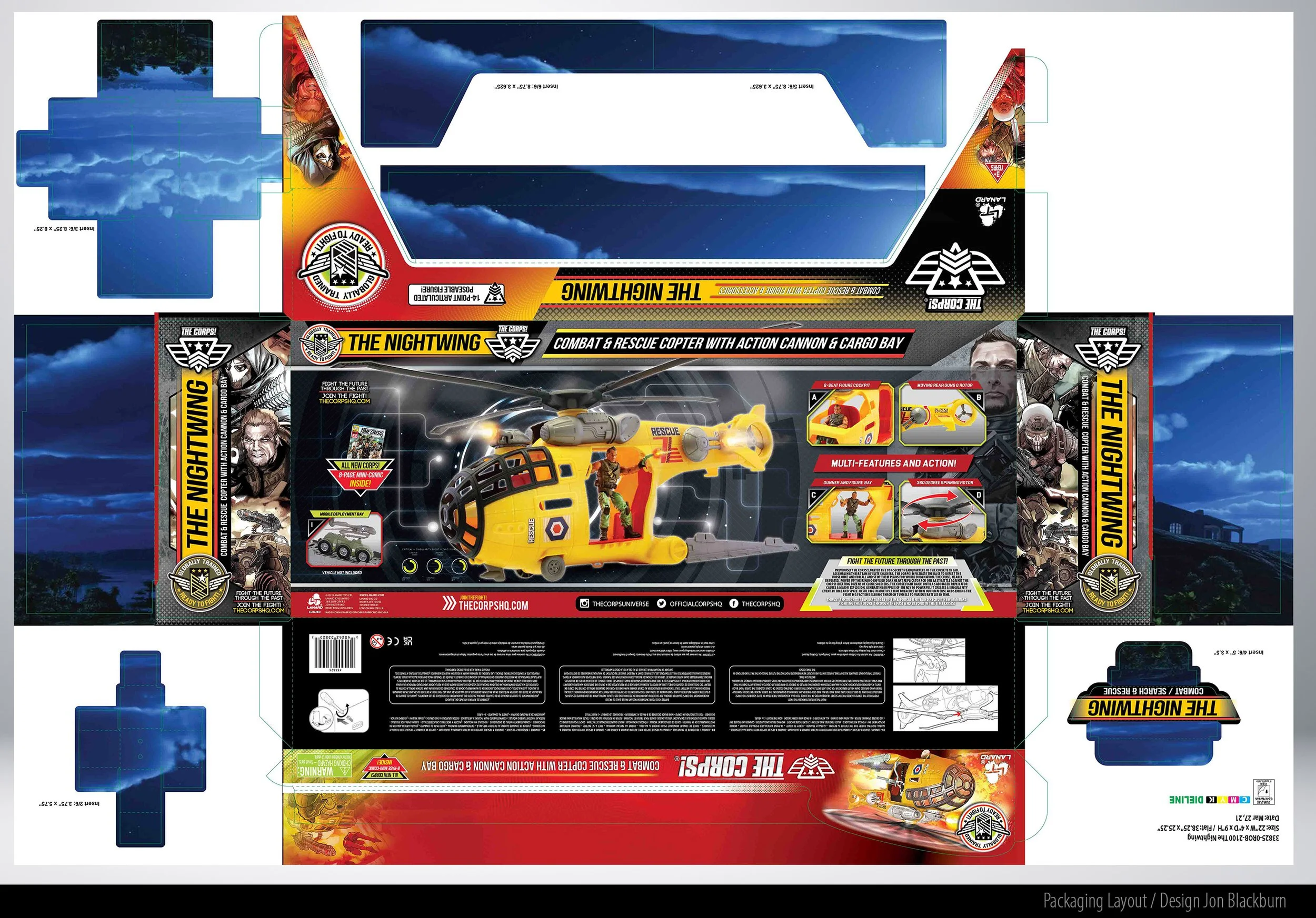 Packaging design for a toy helicopter named 'The Nightwing,' featuring a yellow rescue helicopter with action figures and multi-featured play options on a black background with red, yellow, and white accents, and images of comic-style characters and 