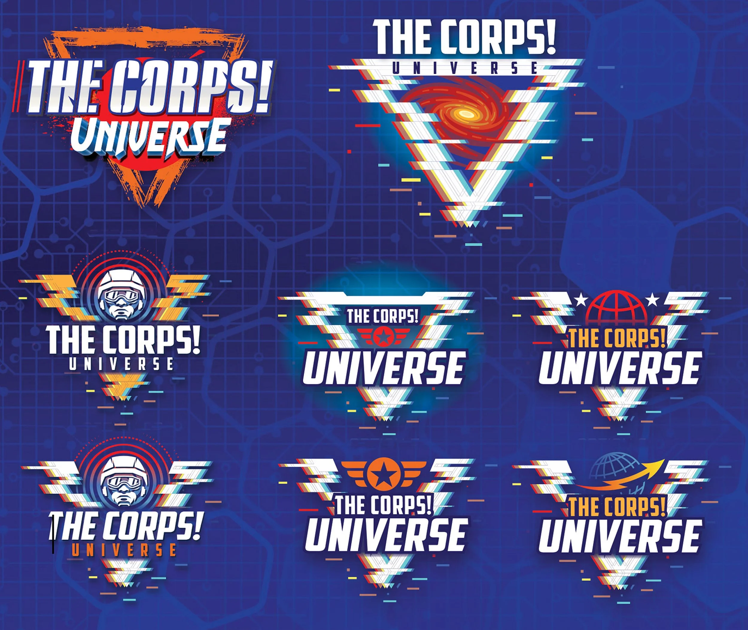 Collection of various logo designs for 'The Corps! Universe' on a blue background with a hexagonal pattern. Some logos feature a star, a globe, a swirl, or a helmet, with modern, bold, and colorful graphics.