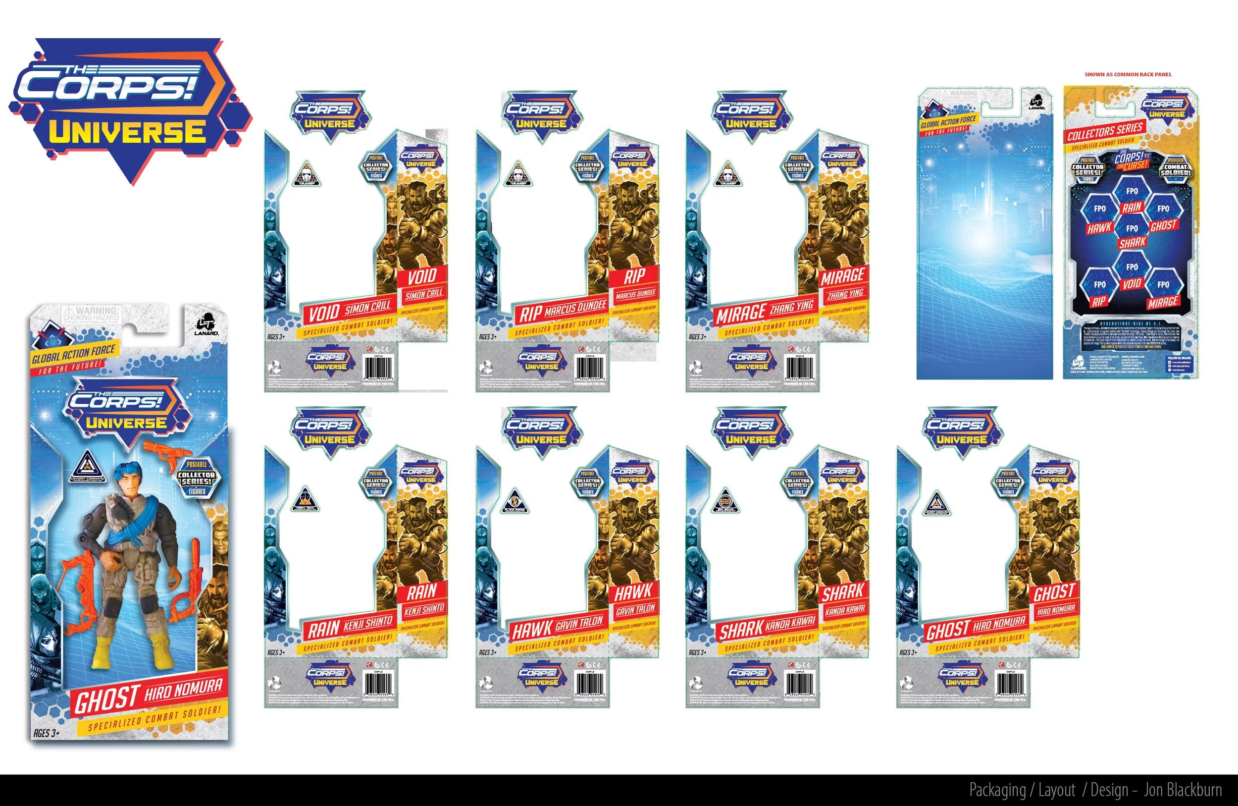 Collection of action figure packaging and back panels for 'The Corps! Universe' toy line, featuring characters like Ghost, Rain, Hawk, Shark, Mirage, Rip, and Void.