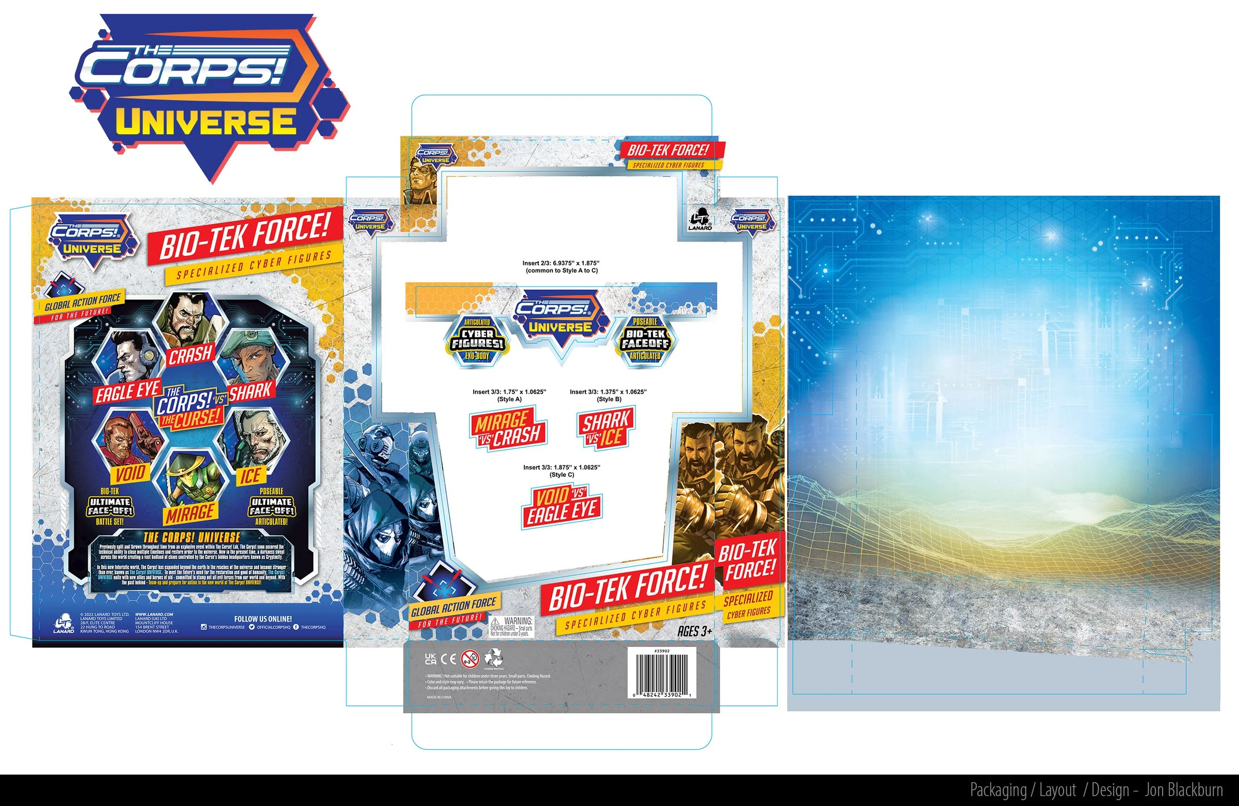 Design template for a specialized cyber figure packaging with branding for The Corps! Universe and Bio-Tek Force, showing character illustrations and branding elements.