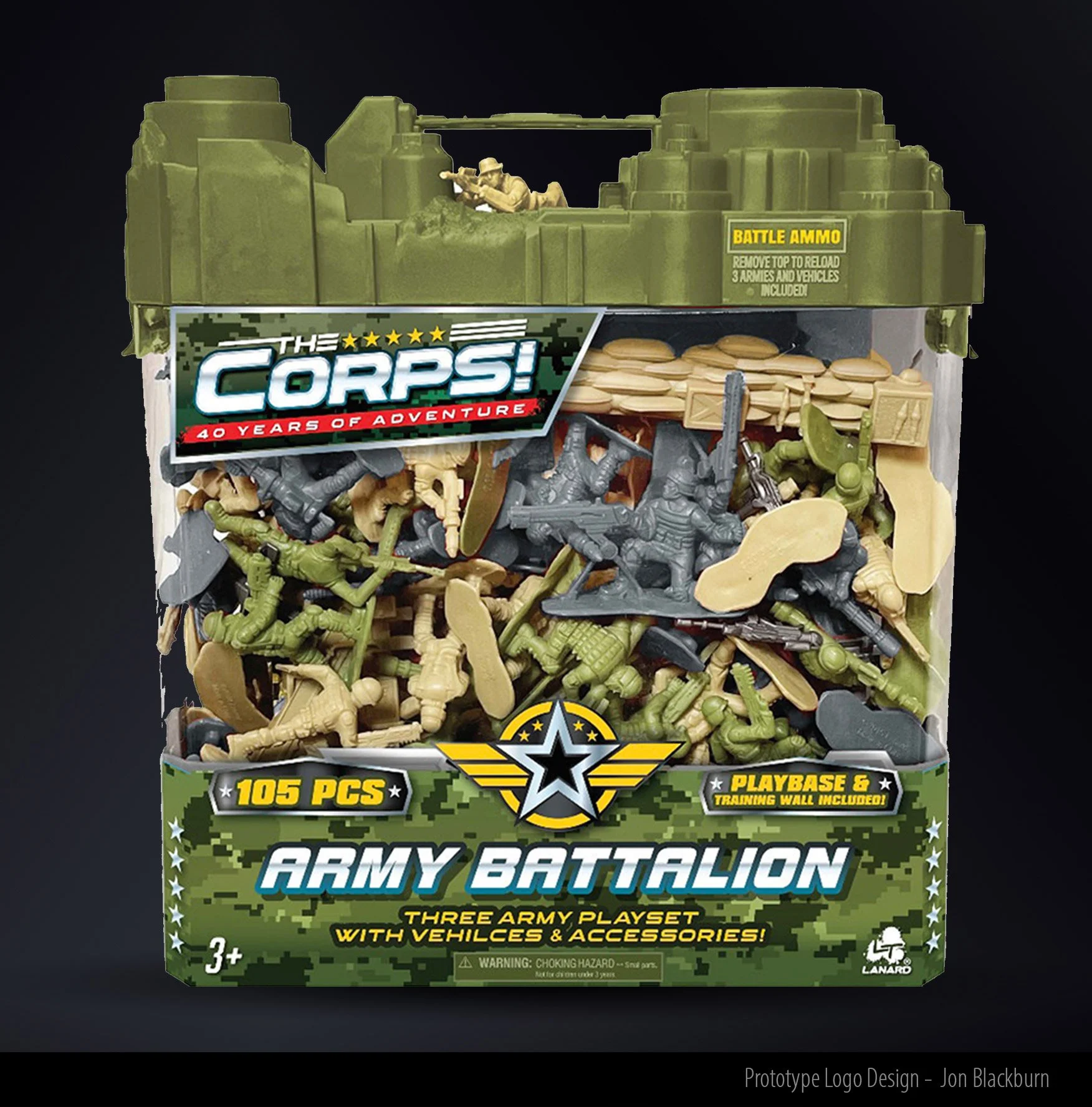 Toy army battalion playset with green and beige plastic soldiers, tanks, and accessories in a camouflage-themed box.