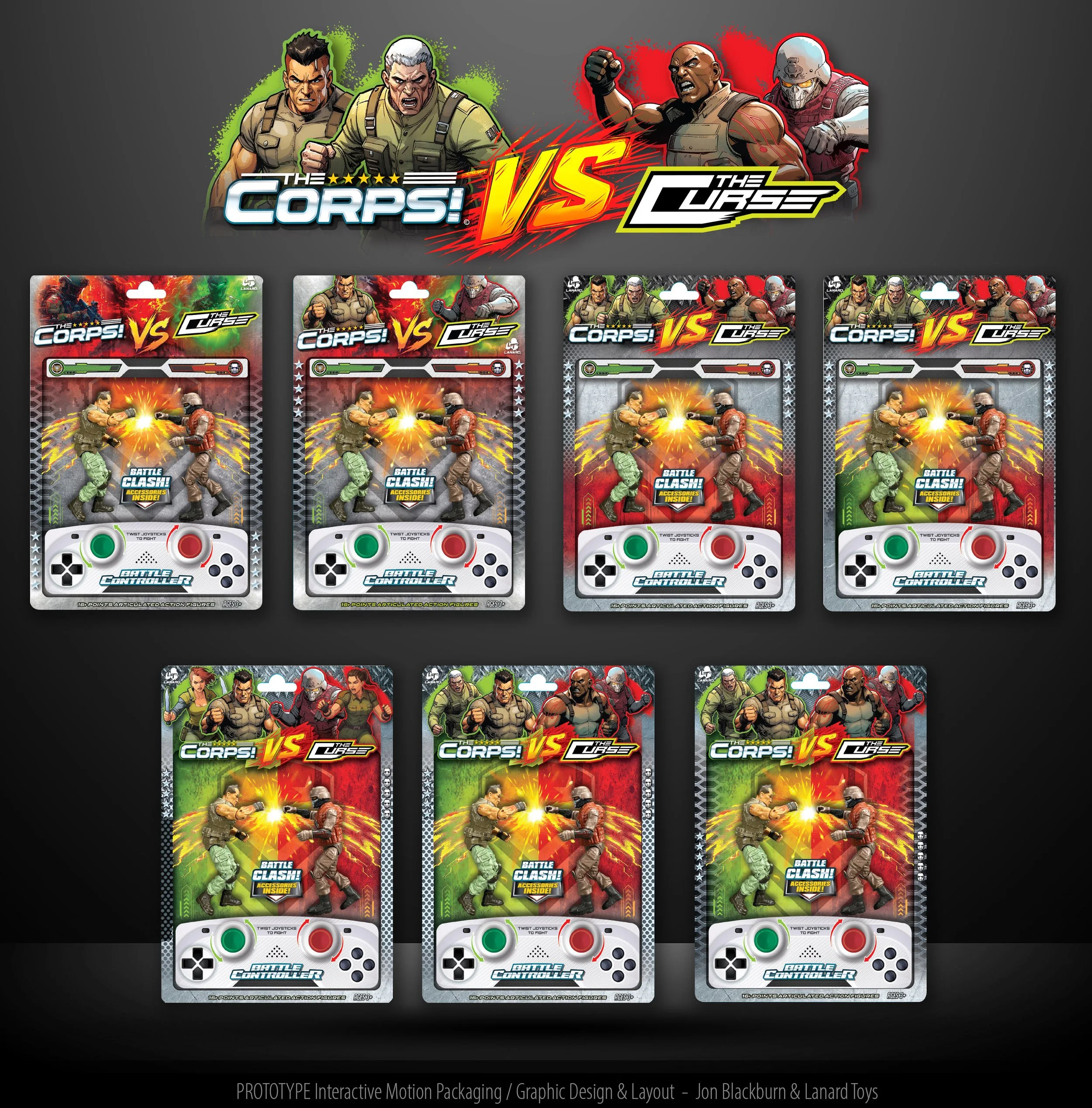 Display of six toy battle controller packages, featuring a fighting game theme with soldiers. The packaging shows characters in combat, with a large logo at the top reading "The Corps! VS The Cuffs" and a central image of two figures fighting with vi