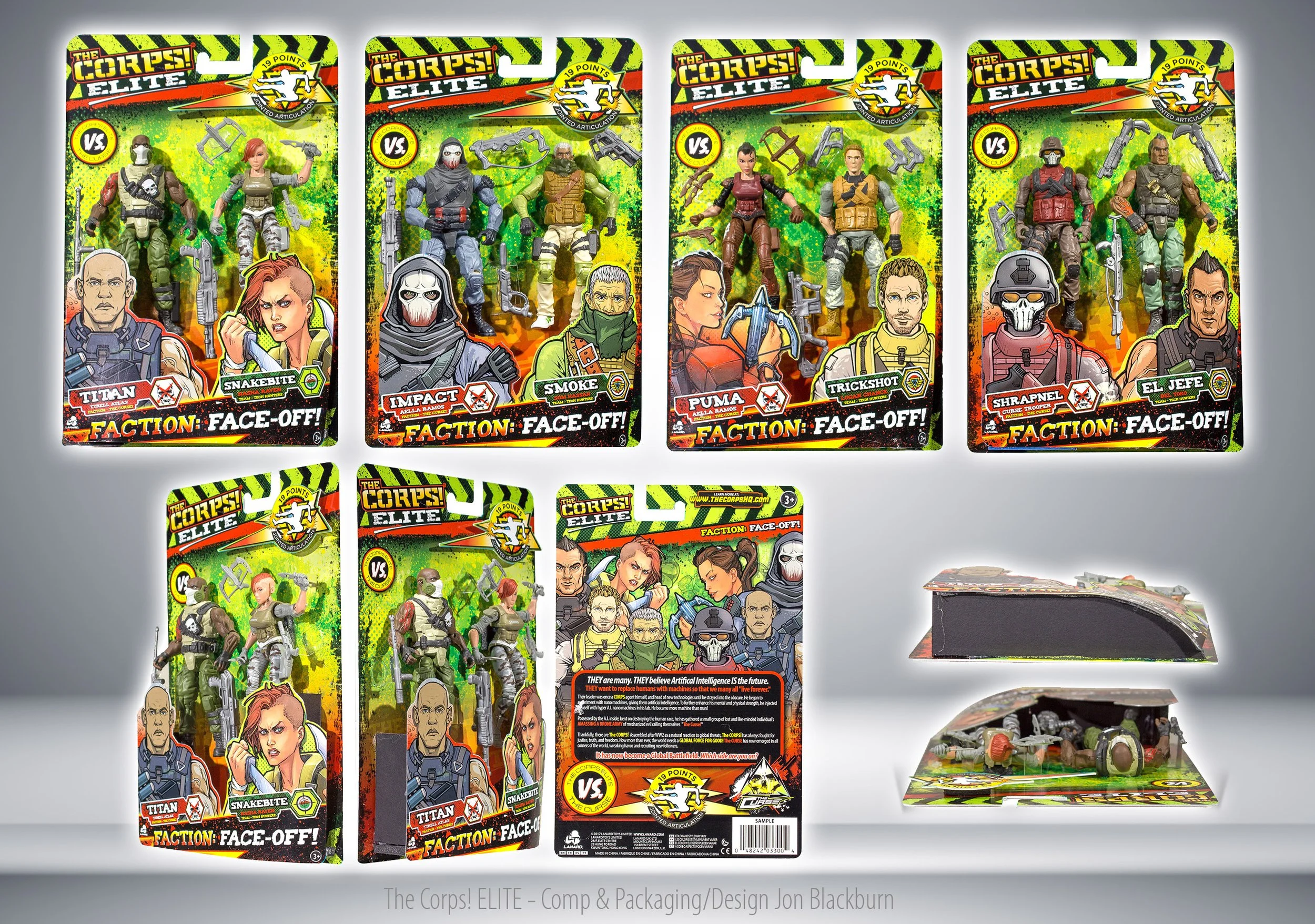 Collection of toy figures from The Corps! ELITE series in packaging, with some figures assembled and some in boxes, and a display of figures' bases and accessories on a flat surface.