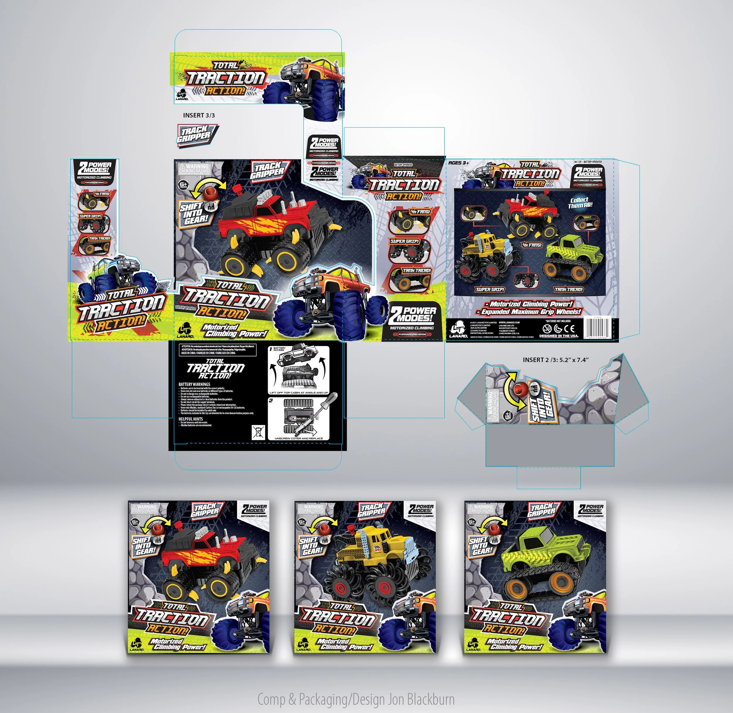 Unassembled toy vehicle packaging for 'Total Traction Action' toy cars, featuring red, yellow, and green monster trucks with large black wheels, included with product images and instructions for assembly.