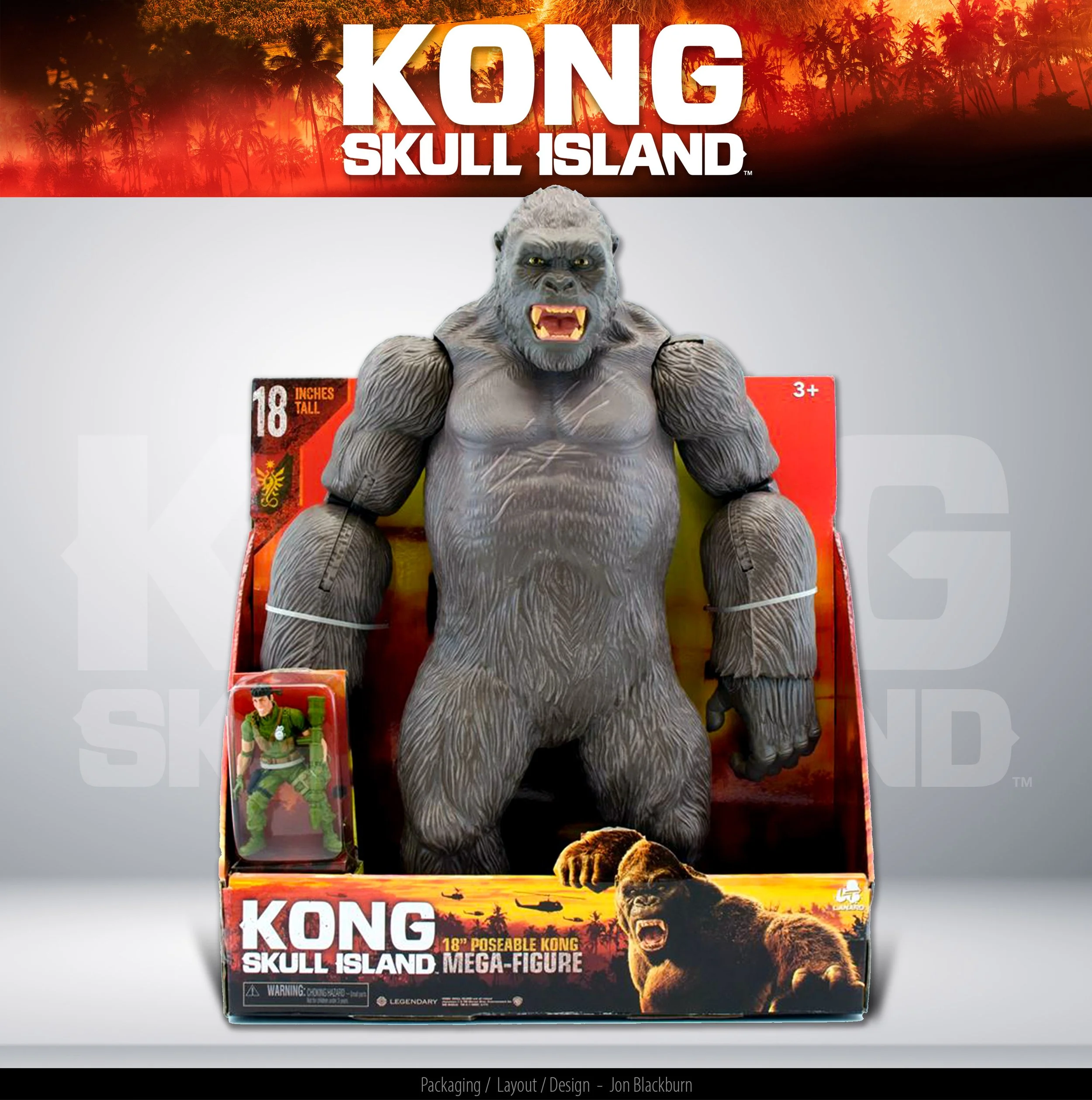 A large, 18-inch tall, poseable King Kong giant toy figure in its packaging, with a smaller action figure of a man in military gear inside a plastic case attached to the box. The packaging features the "Kong Skull Island" branding and a background wi