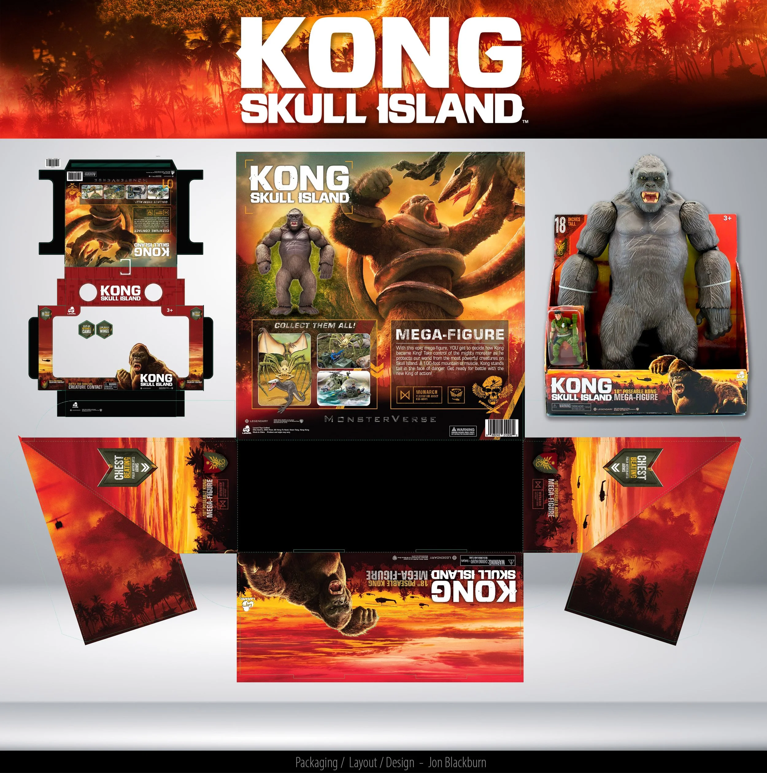A flat layout of a KONG Skull Island toy package, showing the assembled box with images of a giant ape toy, background of a sunset with palm trees, and various product components and artwork.