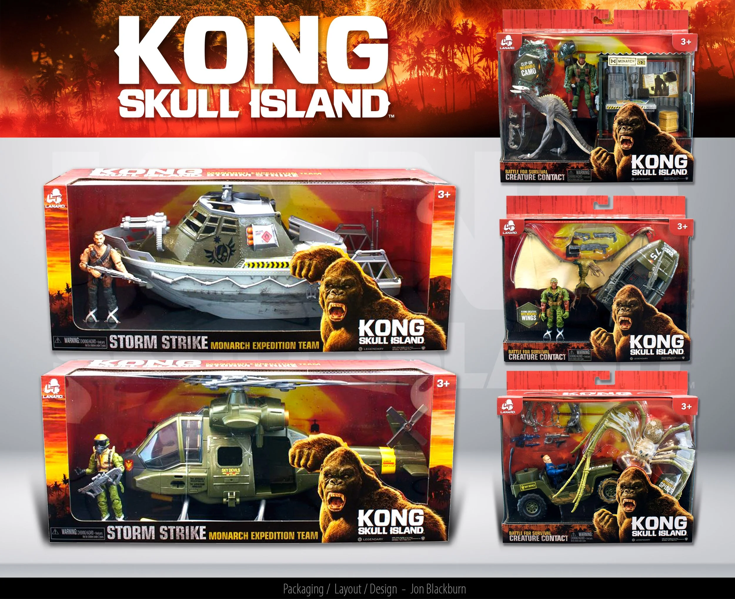 Collection of five Kong Skull Island toy sets in their boxes displayed on a white surface with a tropical background. The sets include a Storm Strike Monarch Expedition Team boat and helicopter, a Creature Contact set with a creature figure, a Wings 