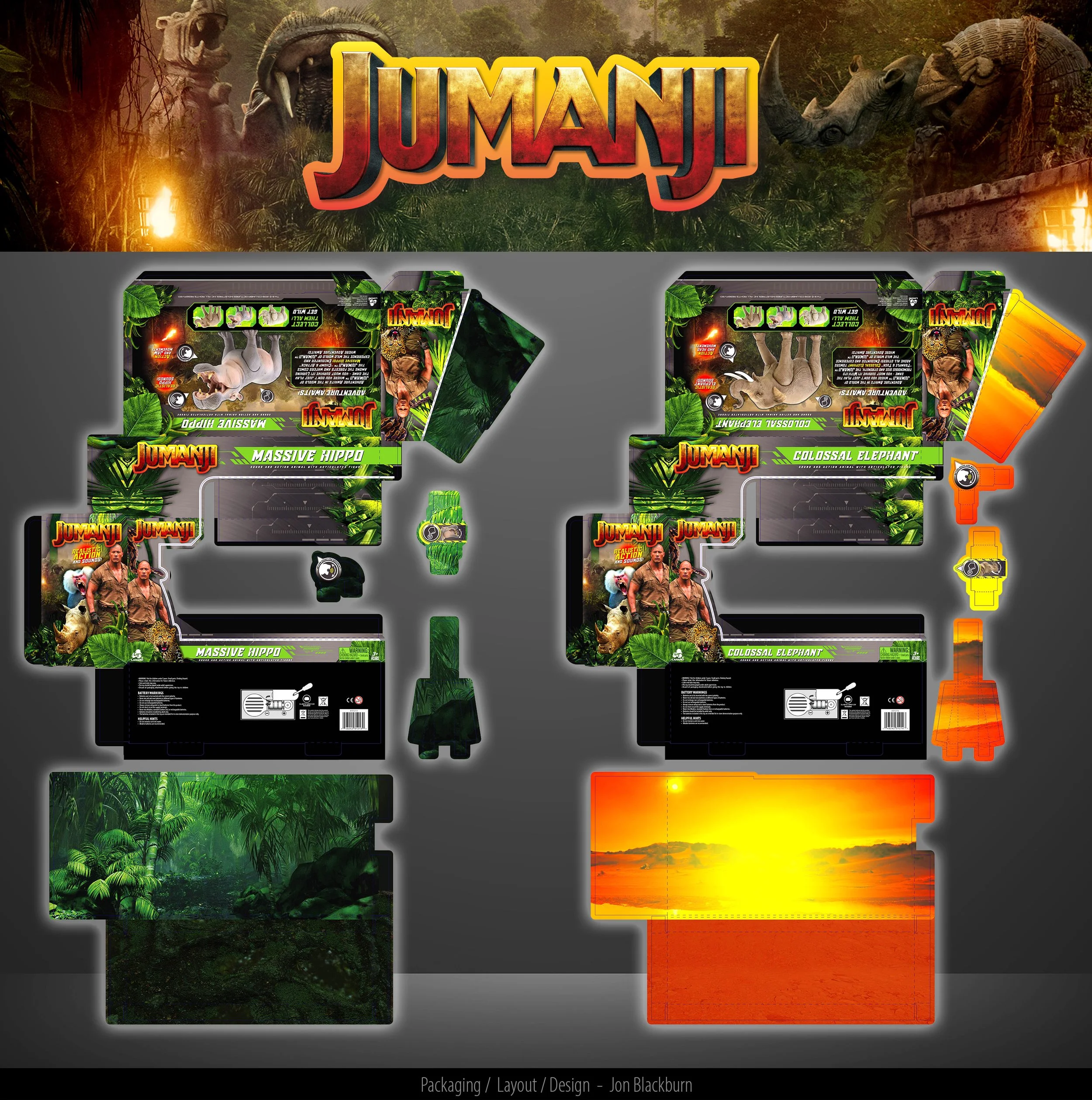 Two boxes of "Jumanji" themed toy sets, one labeled "Massive Hippo" with jungle imagery and the other labeled "Colossal Elephant" with sunset beach imagery. Each box has collectible figures, accessories, and themed backgrounds.