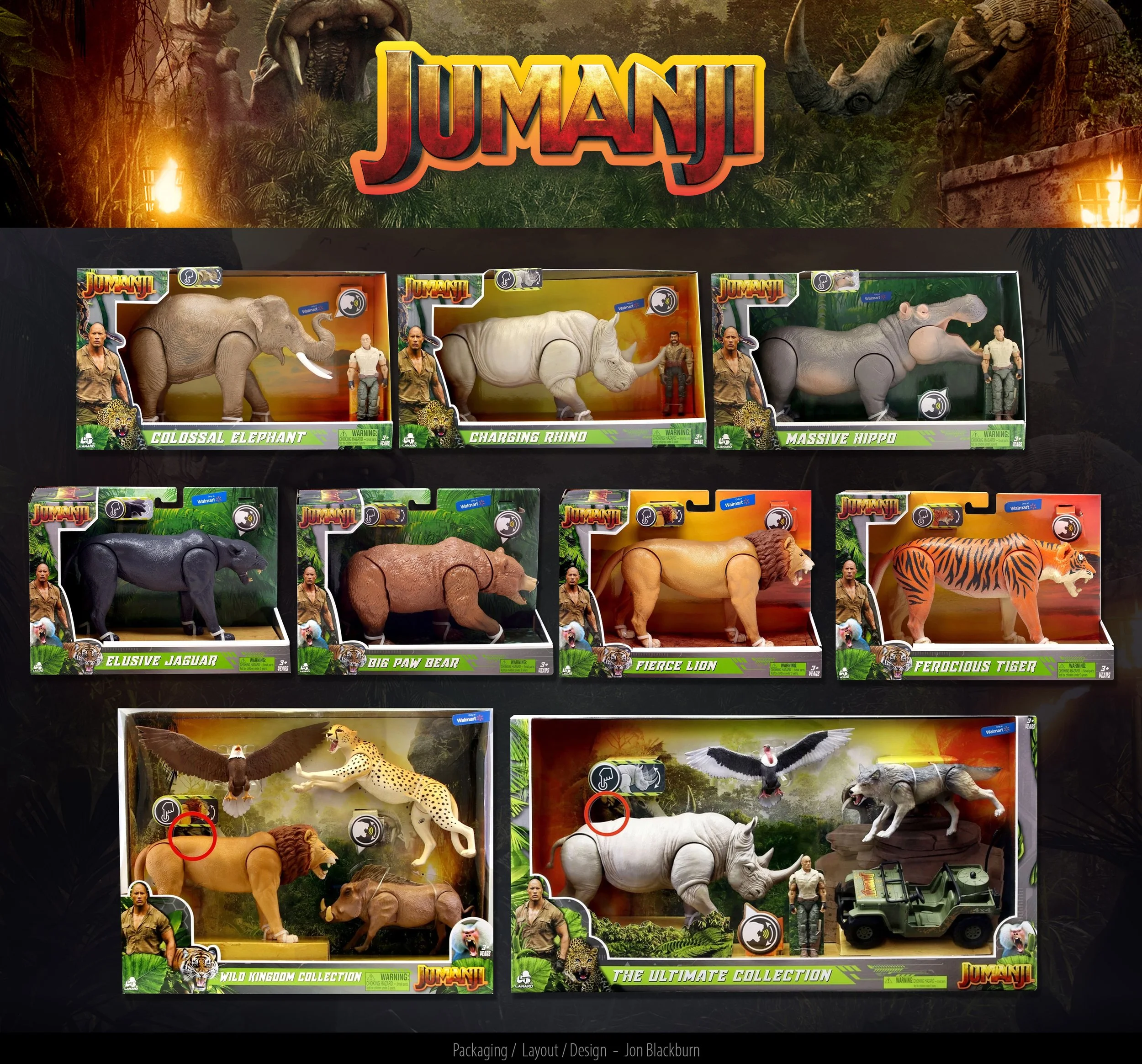 Display of various toy animal figures from the Jumanji collection, including elephants, rhinos, hippos, jaguar, bear, lion, tiger, cheetah, and wolf, in packaging with jungle-themed backgrounds.