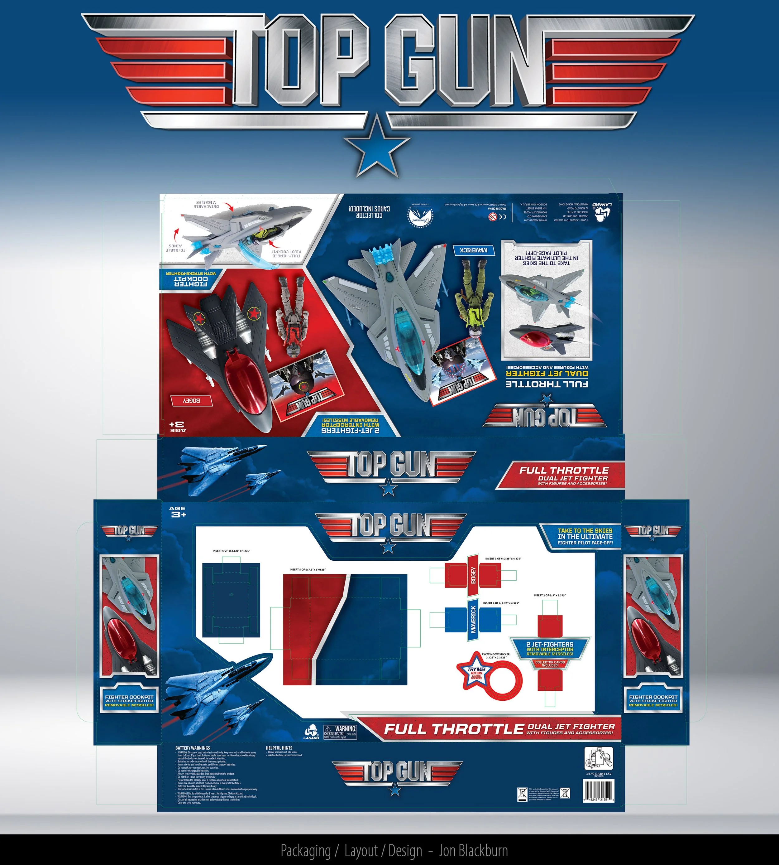 Packaging for Top Gun fighter jet toy set with images of fighter jets, figures, and accessories.