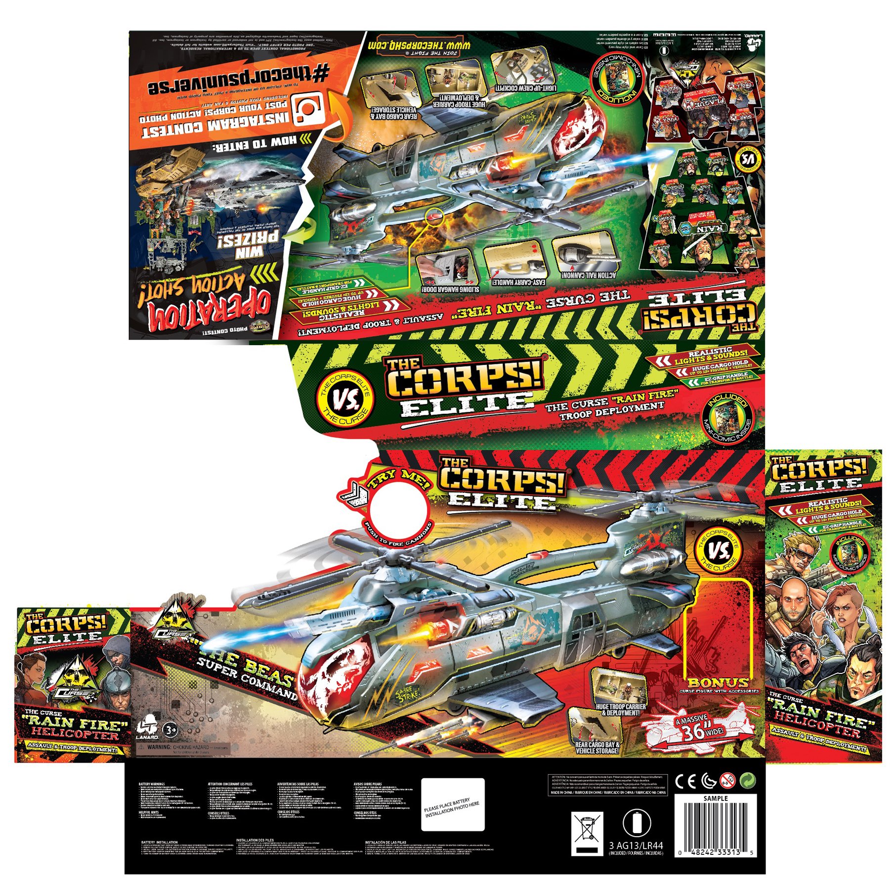 Colorful toy helicopter packaging with graphics, weapons, and action figures, advertising the product's features and accessories.